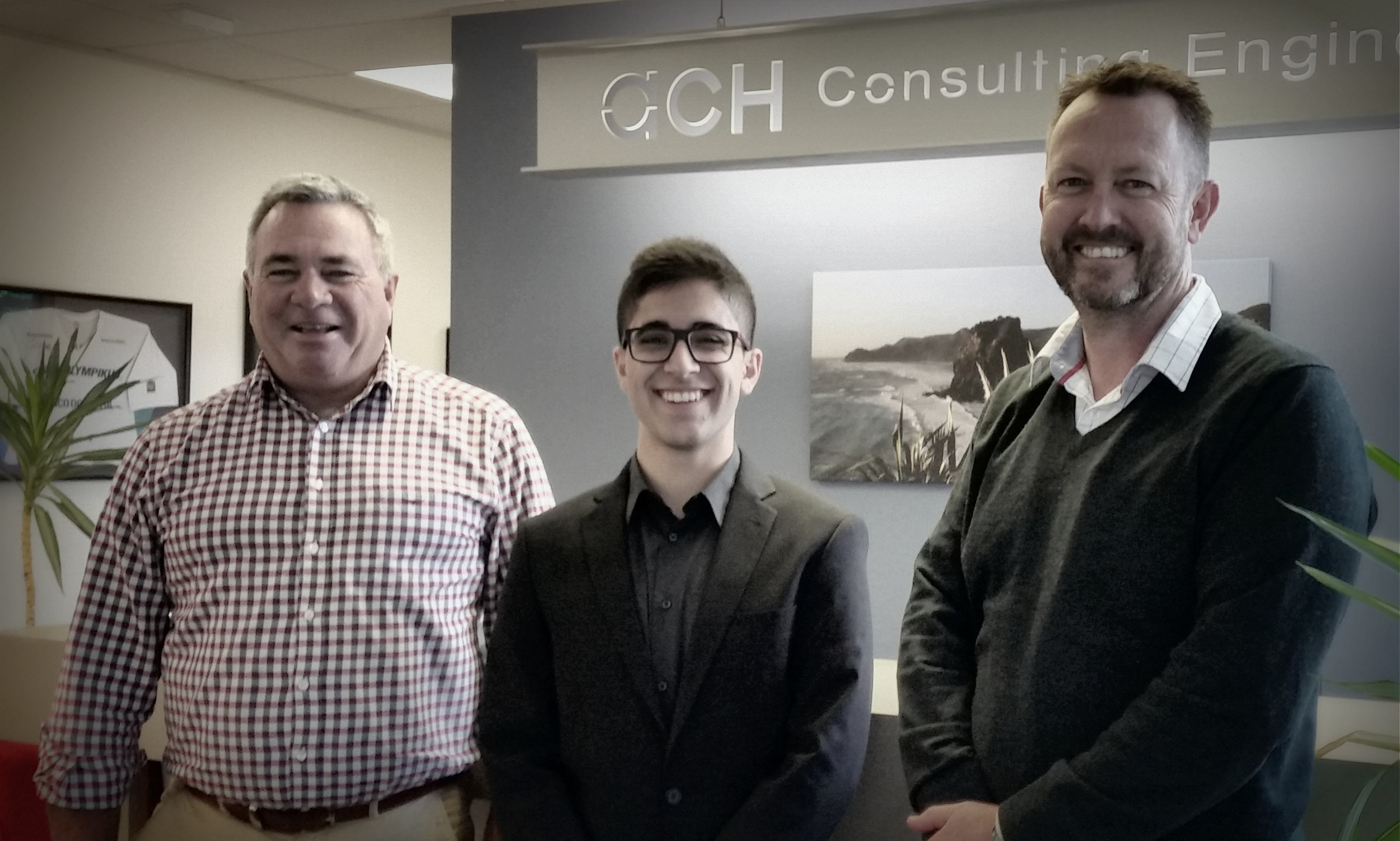 Directors Peter Alderton and Nick Houlding congratulating Jaafer on the award of the inaugural Michael Wesseldine Scholarship - 2017