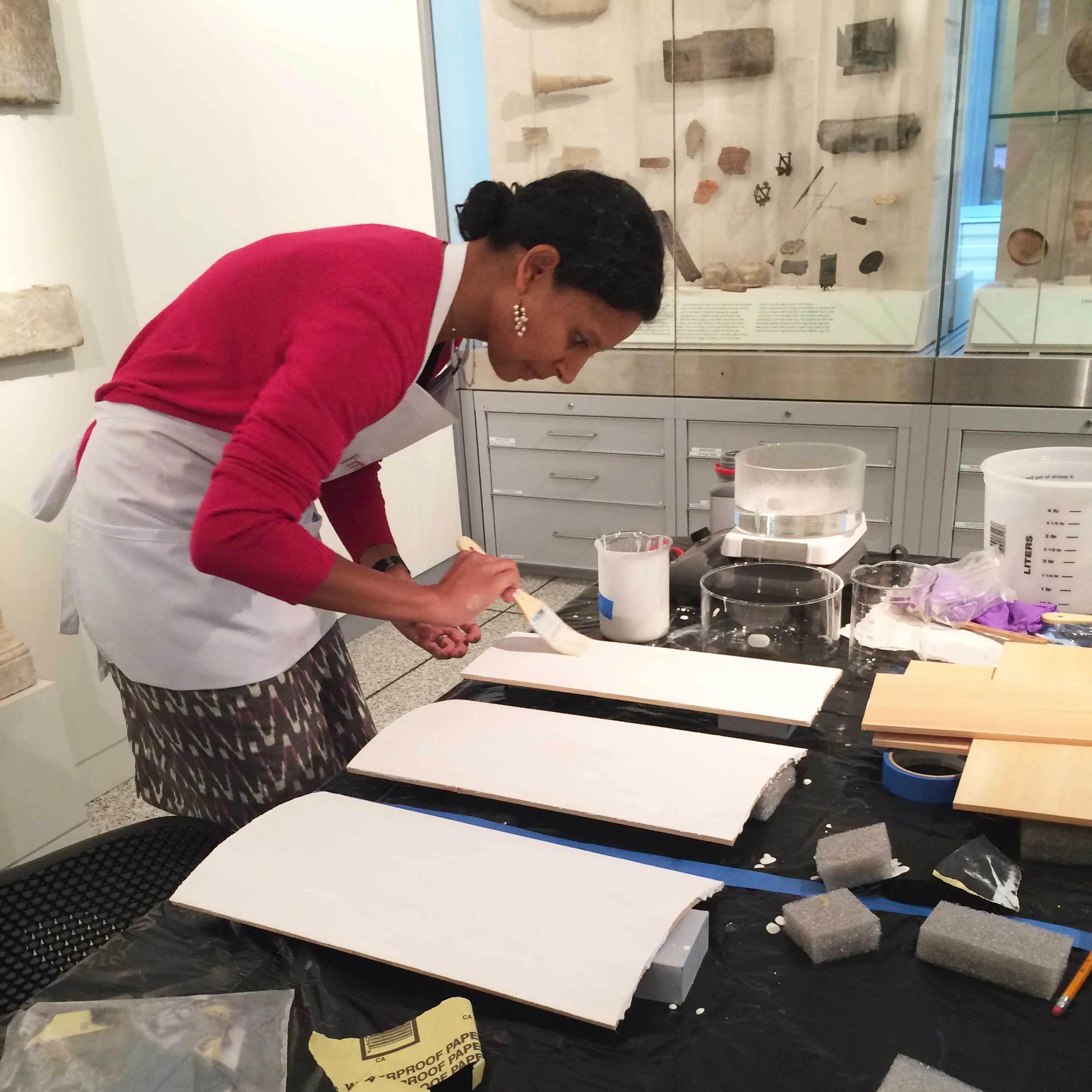 Preparing wood panels with animal glue and calcium sulfate grounds to mimic the painting techniques used by Roman Egyptian mummy portrait painters.