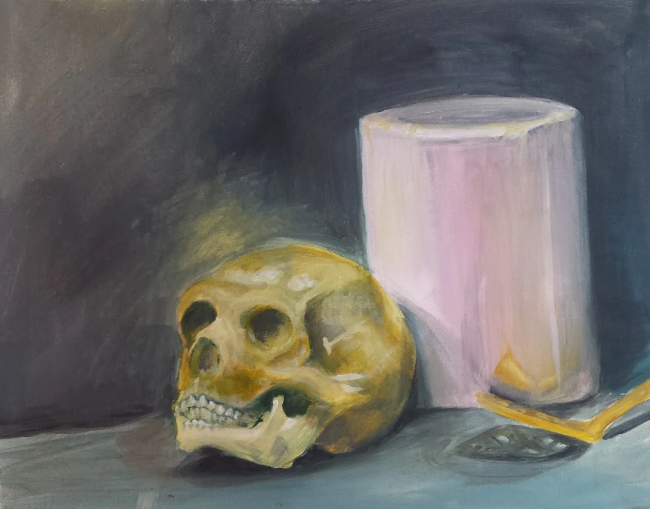 Colorful Pre Assessment I was excited to work with colors, but found myself over thinking them as I struggled to find a section of the still life with colors that I liked. Finally I chose subject matter that interested me, and had a good battle with the subject matter to get it to do what I wanted. I was more gestural, and included many layers of color and glazes. Blue had strong tinting strength when mixing colors. I really enjoyed experimenting with the reflections in the pink vessel. I found the temptation to tweak the colors according to my interest somewhat irresistible, and as a result the skull is not the same drab green color as it was in real life. I found my attempts to be more loose in my brush handling results in me also being more loose in my observation. I am not sure if that is a good thing or something that needs to be reined in, in the case of this class. I wanted to skull to look like it was glowing, and added a halo around the top of it that did not exist in real life. In the critique I was drawn to the flat colors of Sarah’s painting. I am impressed with how flat and solid the colors were, and I’m not sure I could paint that way even if I tried. I am the most looking forward to being forced to see and paint colors differently than I am used to in this class.