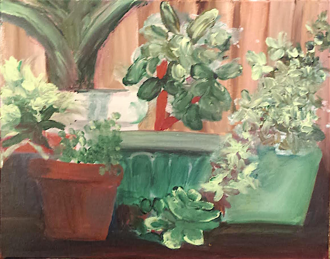 Impasto I abandoned all restraint on this one, starting out with messy brushwork, adding iridescent structure gel with my fingers, and then continuing to use my fingers and pallet knife to add the layers of plants, pots, fence and shadows. I am usually a pretty thin and careful painter so it was fun to blob it on, and the painting was surprisingly successful considering how haphazard I felt doing it. I follow some very amazing impasto painters on Instagram and I wish I knew how they achieved such glowing three dimensions, so this was a fun experiment. I liked Lance’s impasto painting, the structure worked very well under the paint.