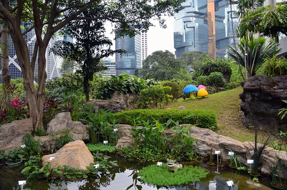 Hong Kong city park with colorful cartoon mushrooms.