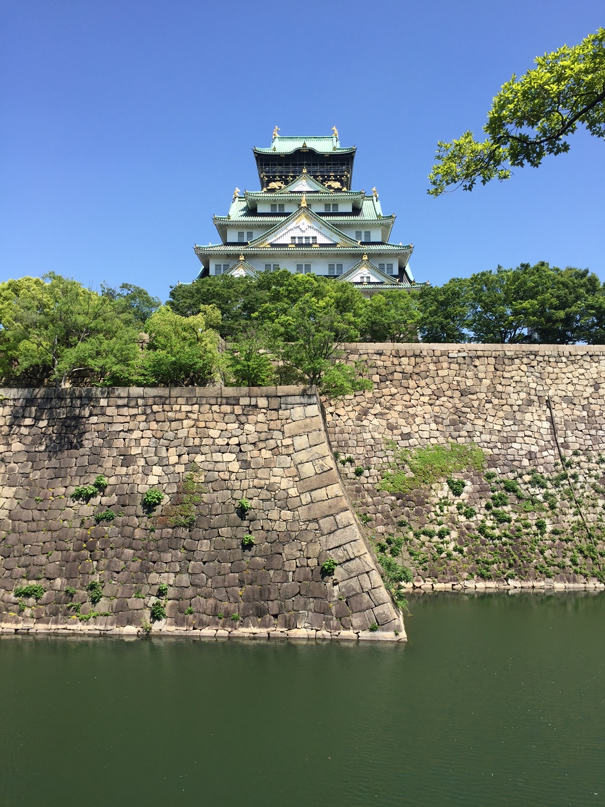 The restored Osaka Castle is quite a sight. Most of the castle walls, including these containing the moat,&nbsp;are built with a slope for greater stability during earthquakes.