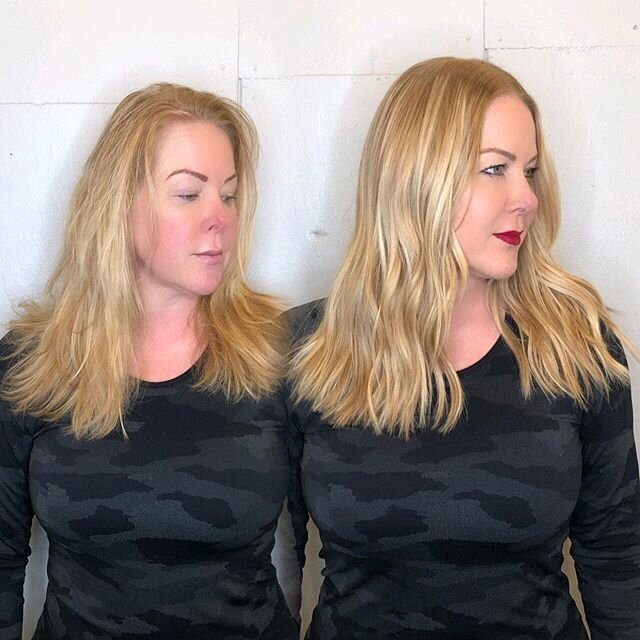 Extensions can be used for so many needs and desires. Here we wanted thicker and a stronger perimeter so that&rsquo;s just what we did! 150 Bellami keratin bonds custom cut to fine size in colors N27 strawberry blonde, M4/22 bronde and N20/24/60 hone