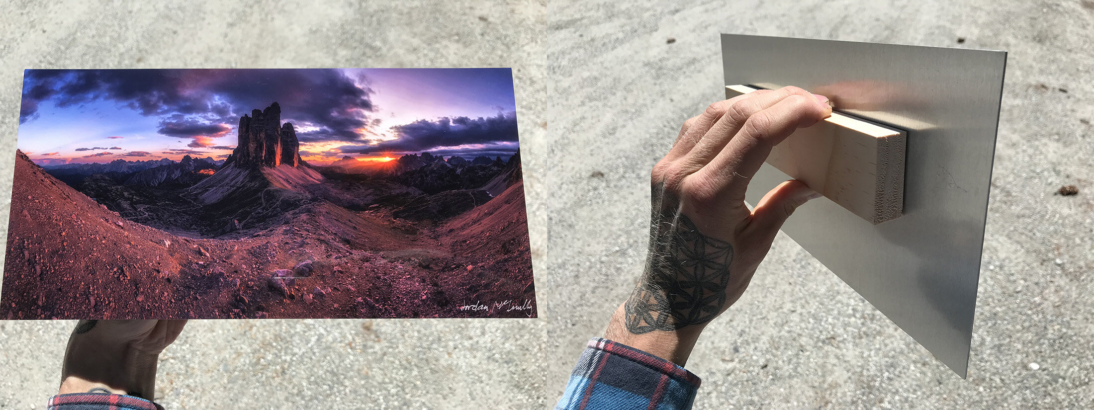 Demo piece of Tre Cime sunset on the 6x12 inch metal print