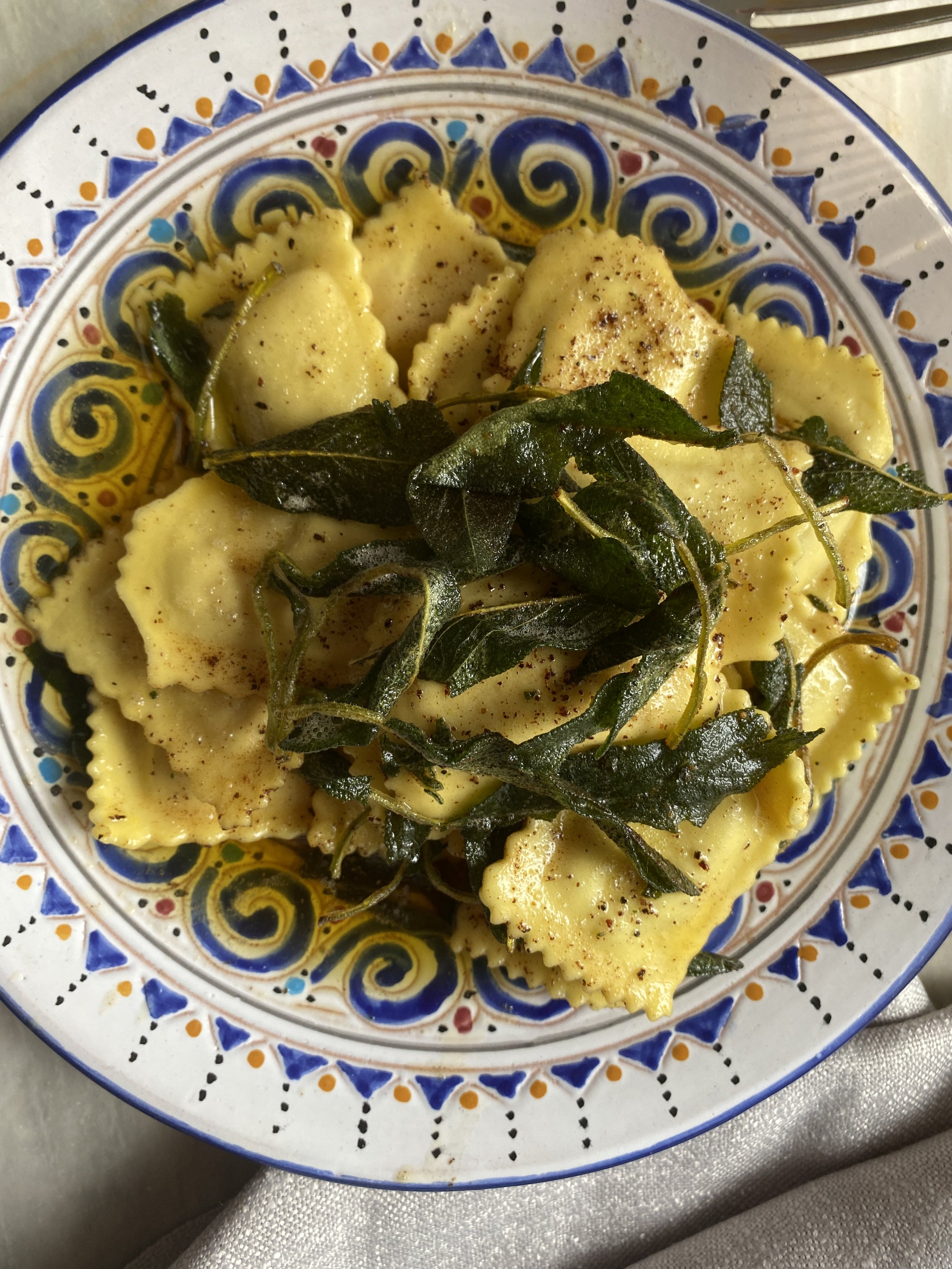 Pumpkin & ricotta ravioli with burnt butter & sage sauce