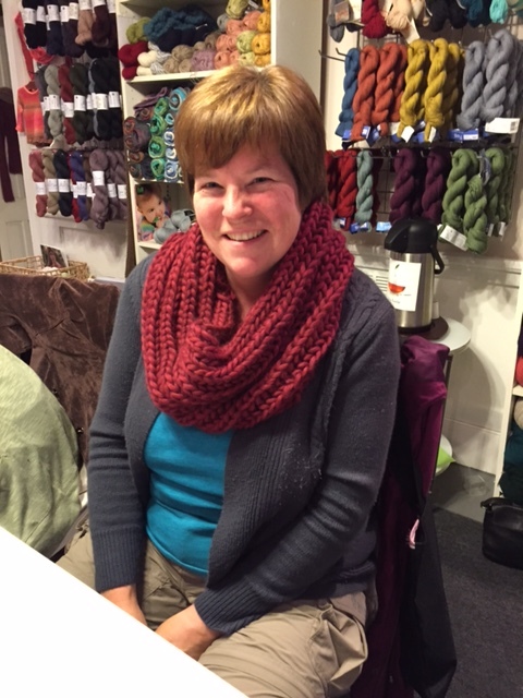 Channie in her Polar Vortex cowl whipped up in Cascade Magnum
