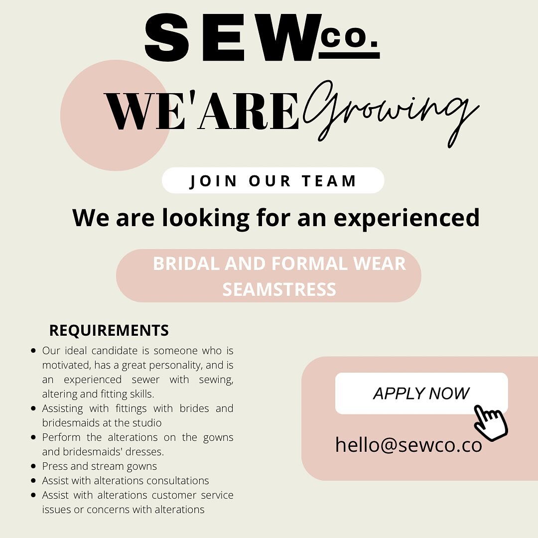 It&rsquo;s officially here! We are just getting into the swing of busy season and we are in need of another experienced bridal and formal wear tailor! If you are that person or you know someone that can jump right in with no training, please inquire 
