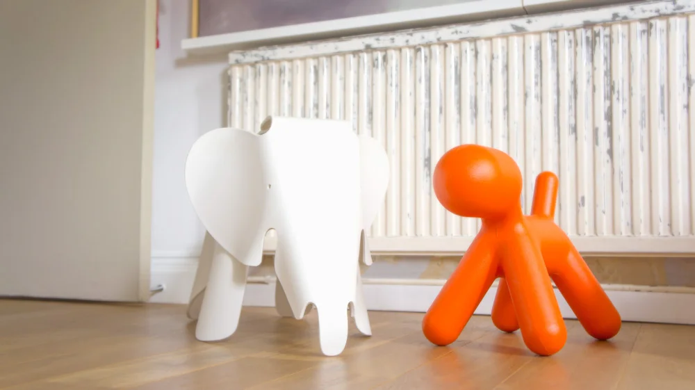 Eames' Elephant - Vitra ( bit.ly/1sOVwyE ) and Aarnio’s Puppy - Magis ( bit.ly/1OgMa8n )