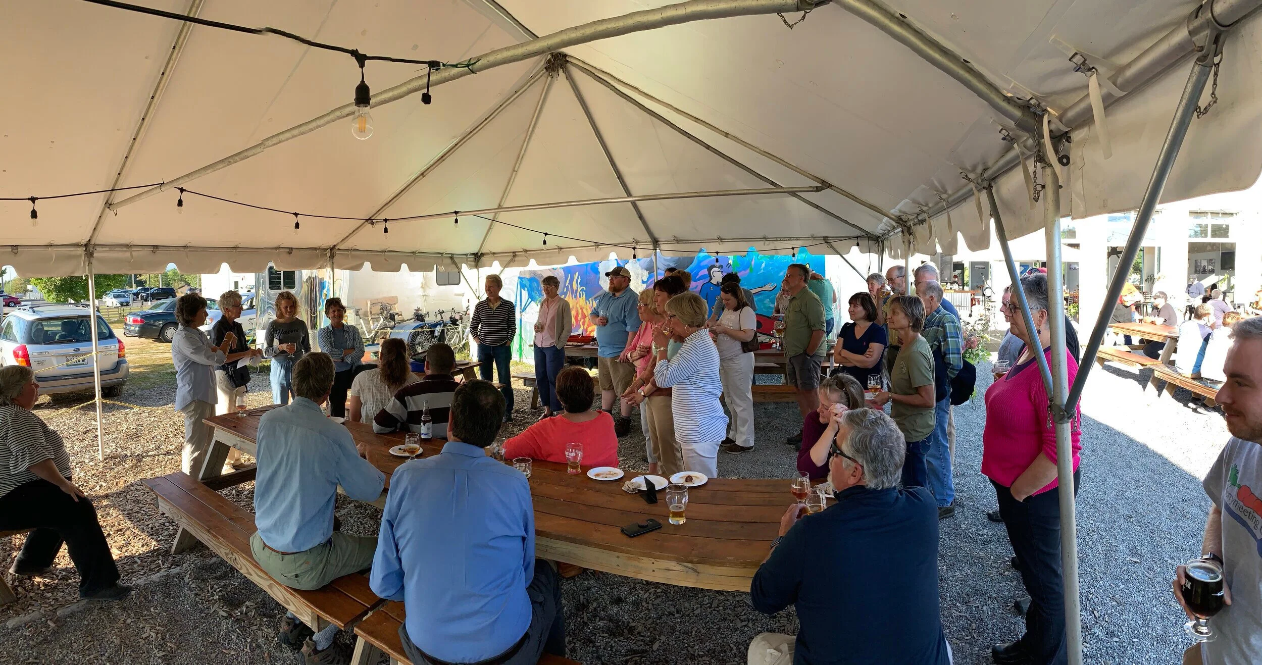 Celebrating 100,000 lbs and the community built with Merrymeeting Gleaners volunteers, representatives of recipient sites and farmers. Volunteers organized a CSA share donation to thank Gleaning Coordinator, Kelly Davis, for all of her tremendous work.