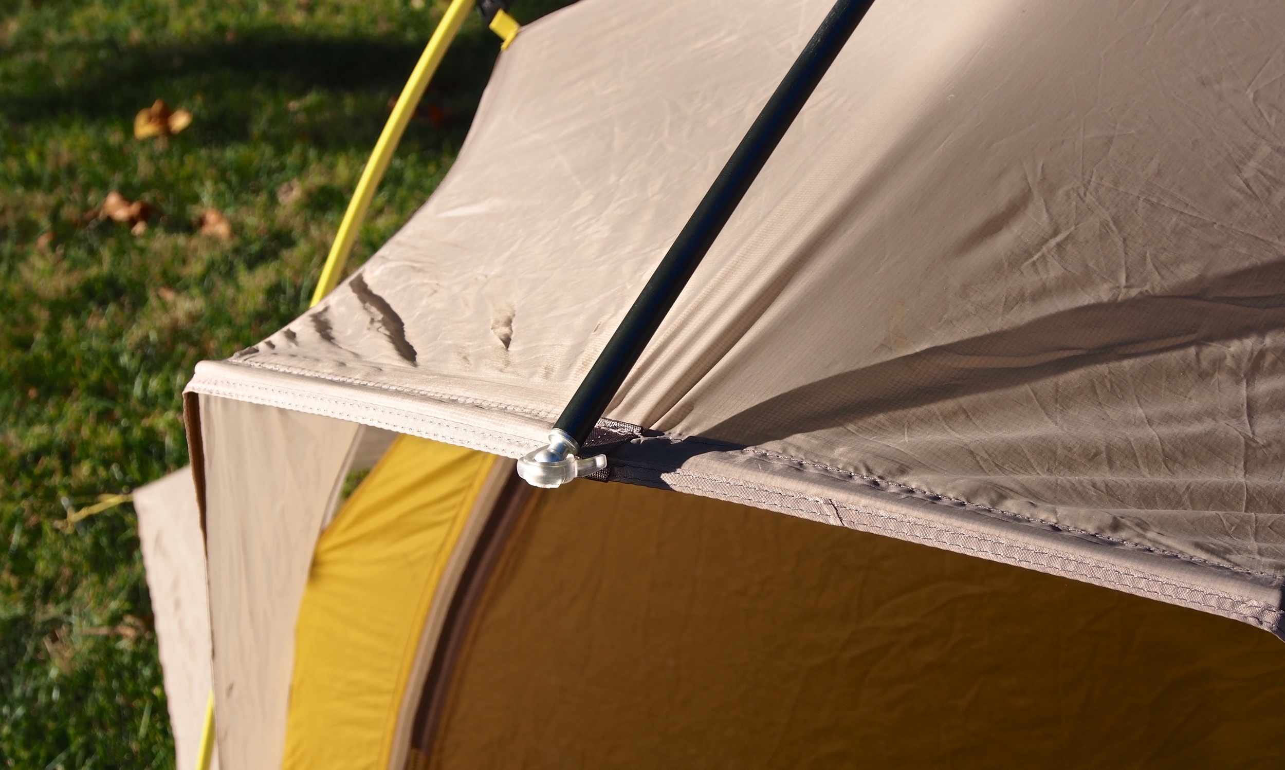 The Lightning 2 FL has a great awning feature that is created by this horizontal beam that is built into the tent fly. To pack the tent down into a ball, you would have to remove these beam which is easily accomplished.