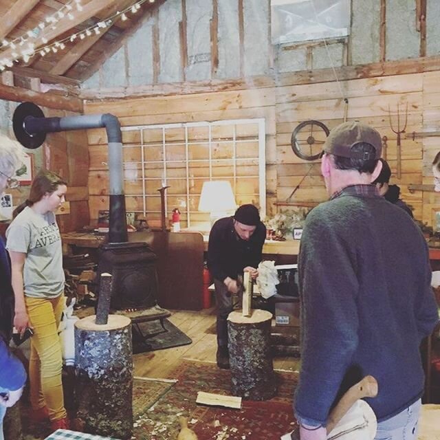 Many thanks to @rustedpulchritude for coming all the way out to Thorndike to teach a spoon carving workshop in the lumber shed at Farwell's yesterday!