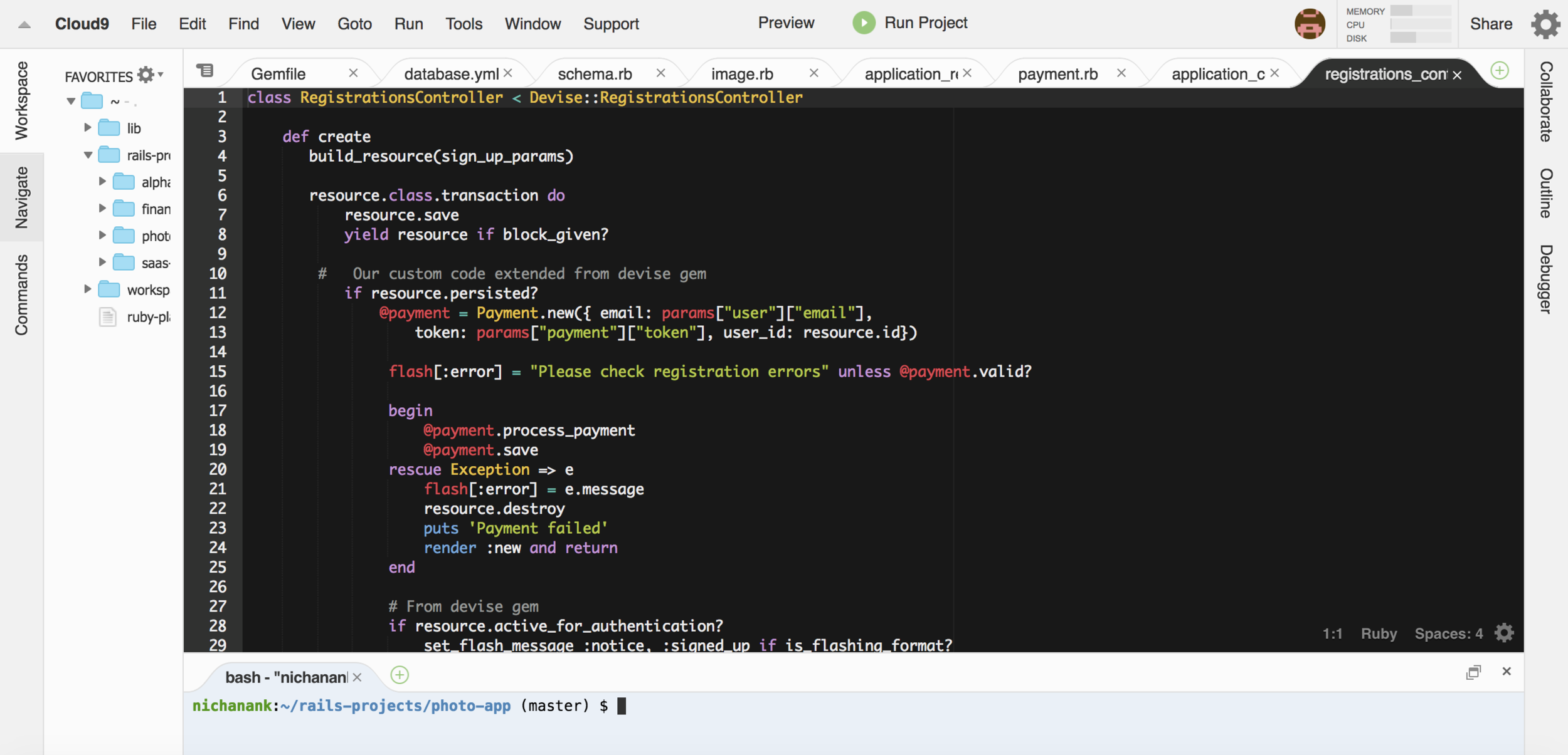 Some Ruby code on Cloud 9, a browser-based IDE.