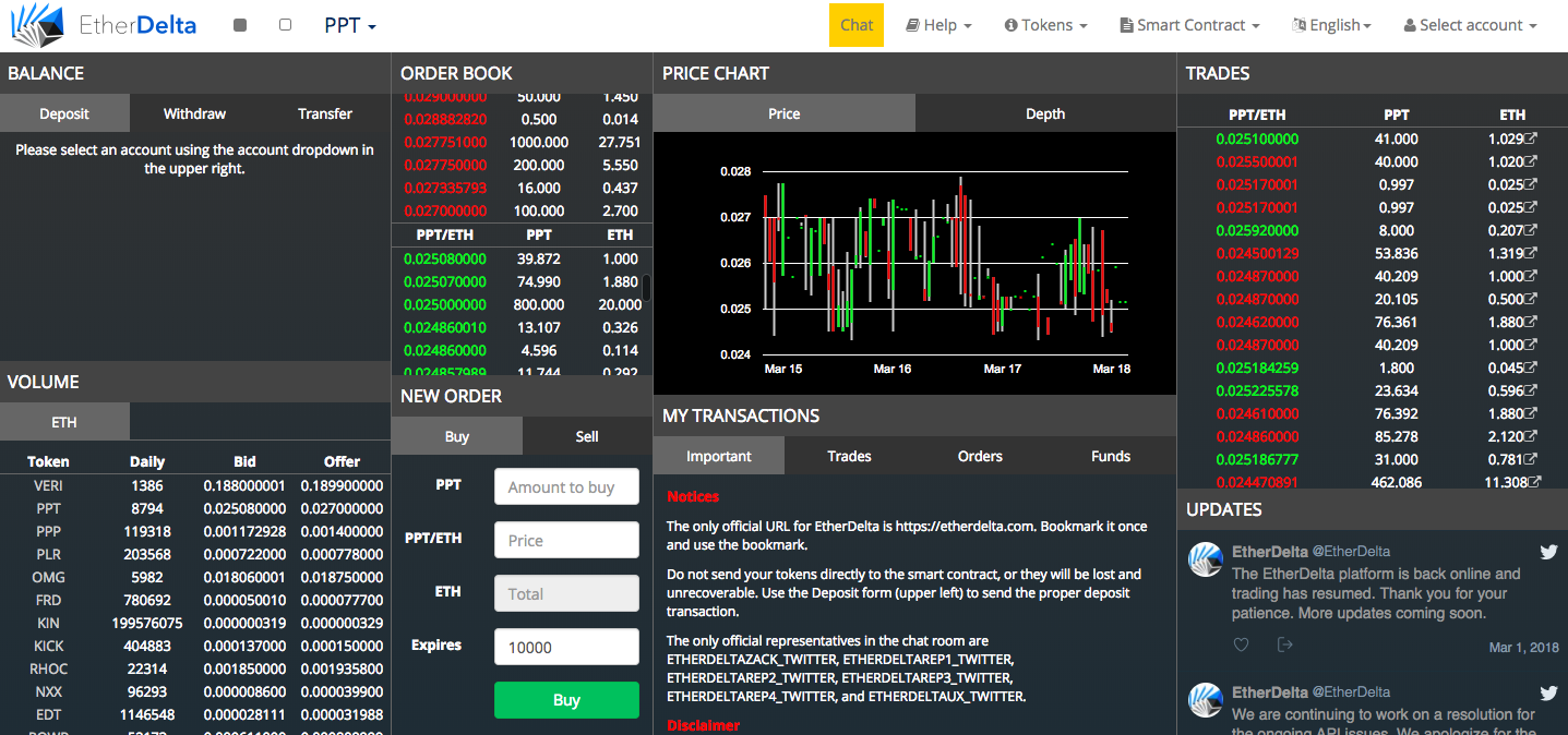 Etherdelta main user interface