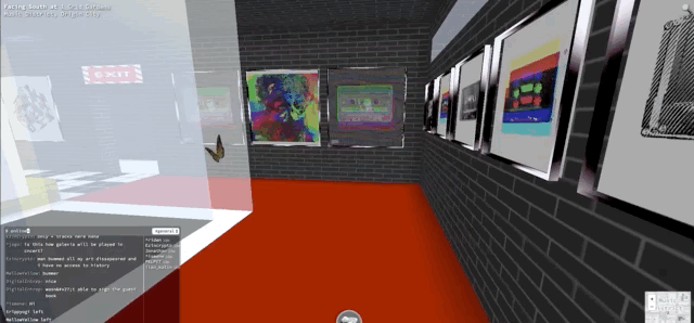 Here’s me walking through CryptoVoxels checking out a virtual art gallery by digital artist  Connie . I can walk around and read the signs on the wall for information on the art, and even make bids on it.