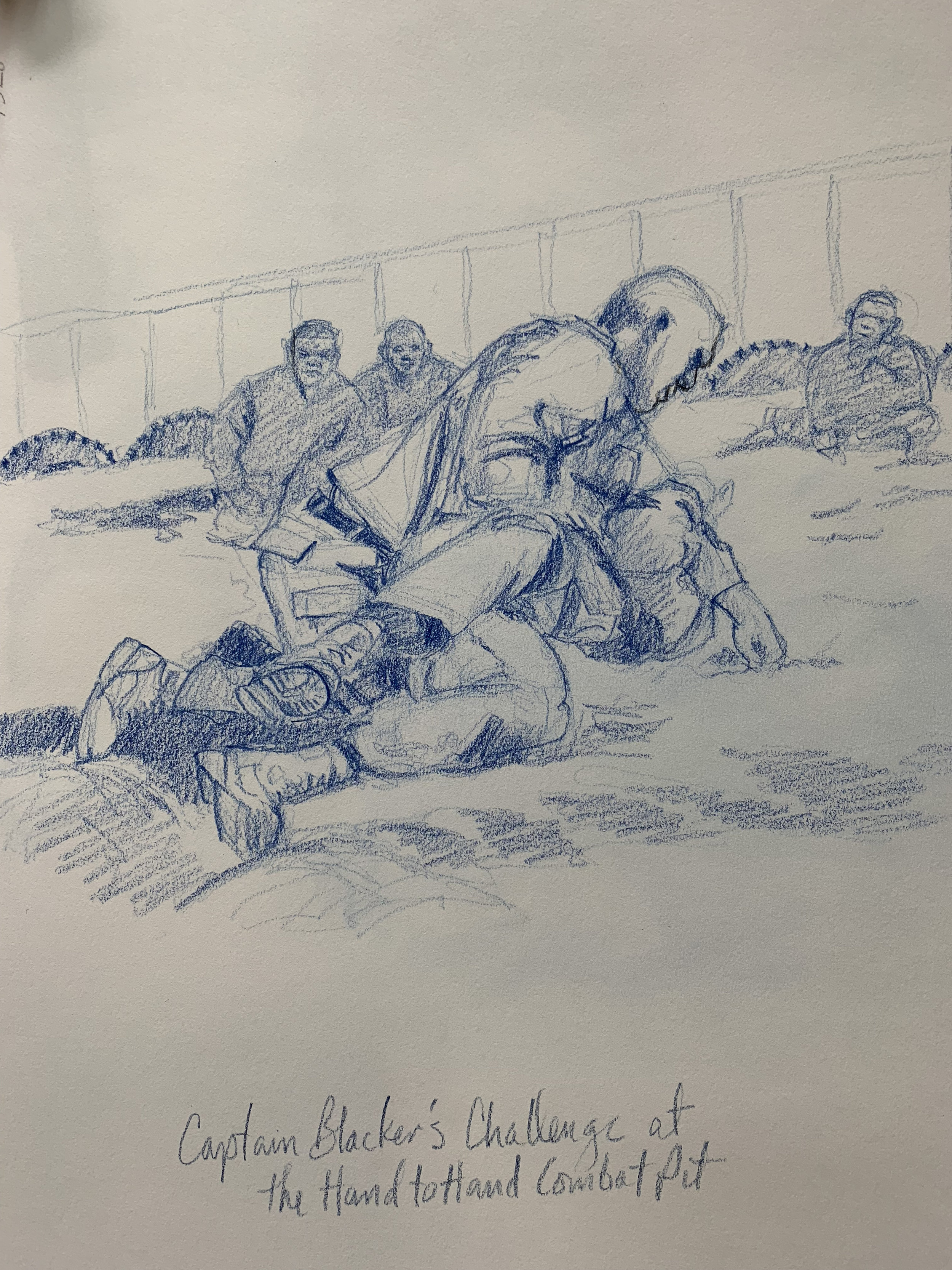 Captain Blacker, Camp Commandant at Camp Wilson challenged the biggest and baddest Marine from a squad training in the Hand to Hand Pit. Fierce grappling, red faces and sweat for 20min in high heat.