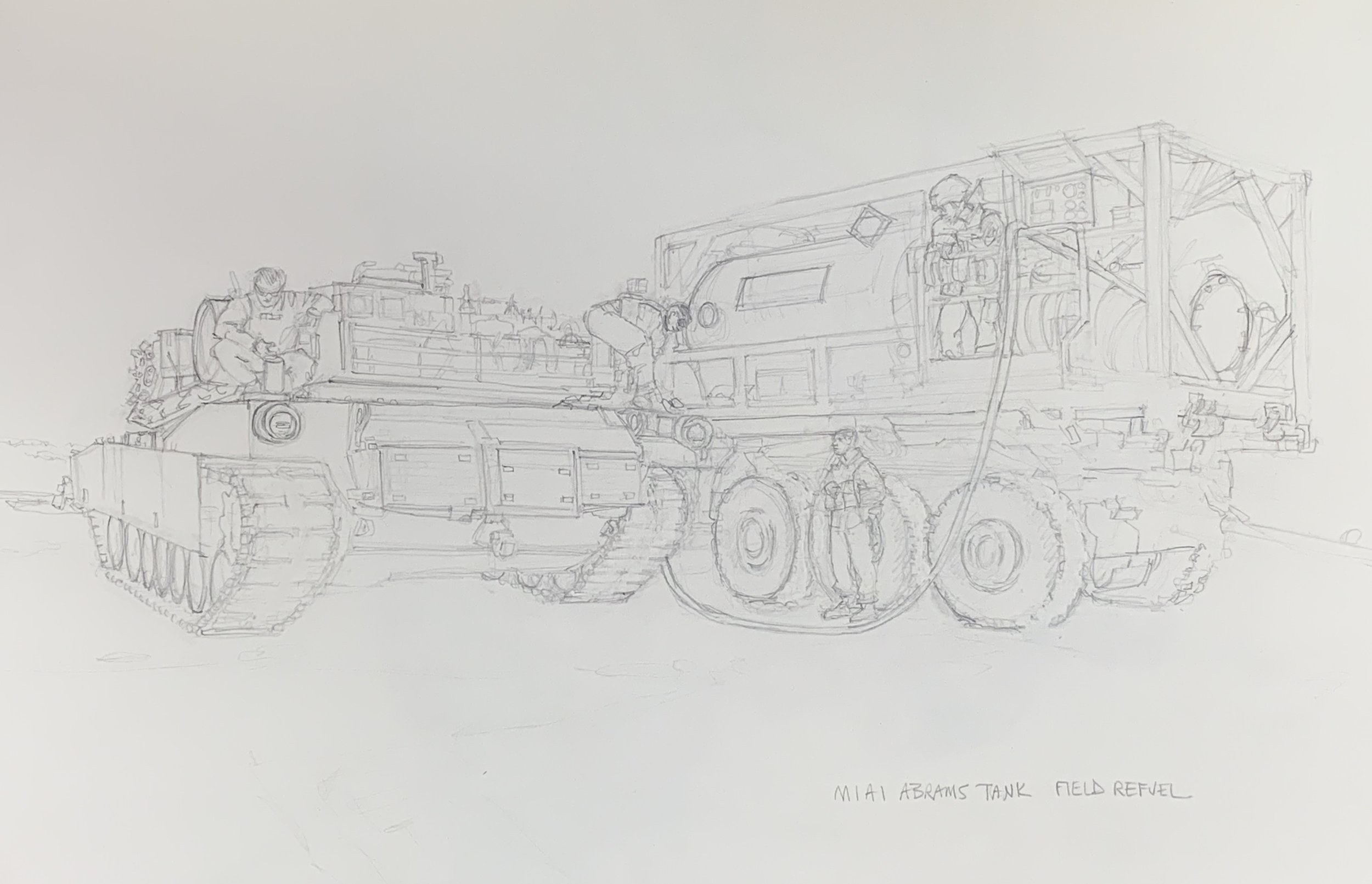 Sketch for a painting: Refueling an M1A1 Abrams 120mm Tank in the field.  1st Marine Division, 1st Tanks, Bravo Company
