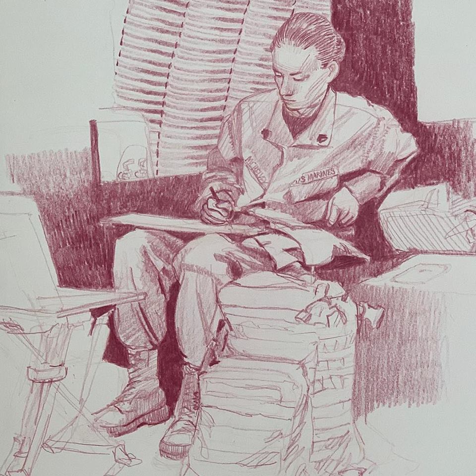 Sergeant Elize McKelvey, Combat Artist. #inkstickart My guide, advisor and patient translator. A fine artist on her own, I was glad to be able to tag along. Thank you Ma’am.