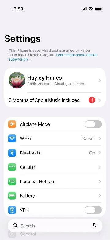 iPhone Settings screen showing Apple ID profile