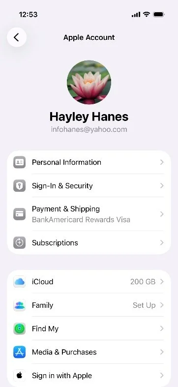 Apple Account screen showing iCloud