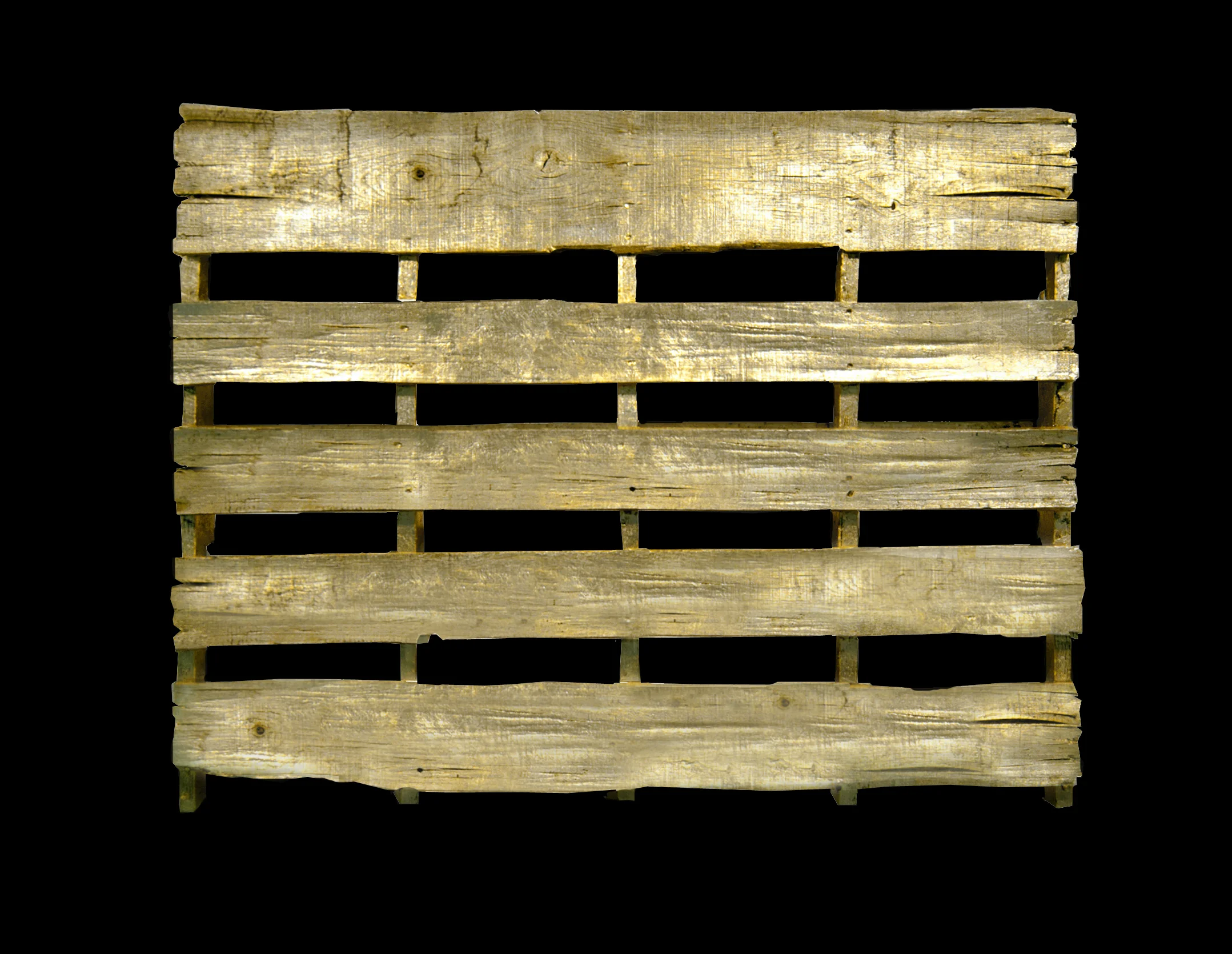 5' X 4' found wooden pallet, gold leaf This is meant to highlight an overlooked transporter of goods. Depending on how and where you live, there's a good chance the products you consume daily, were once part of a much larger batch that was shipped, stored, or moved by pallet. sold For commissions please contact Machele@TalkDesignStudio.com <back