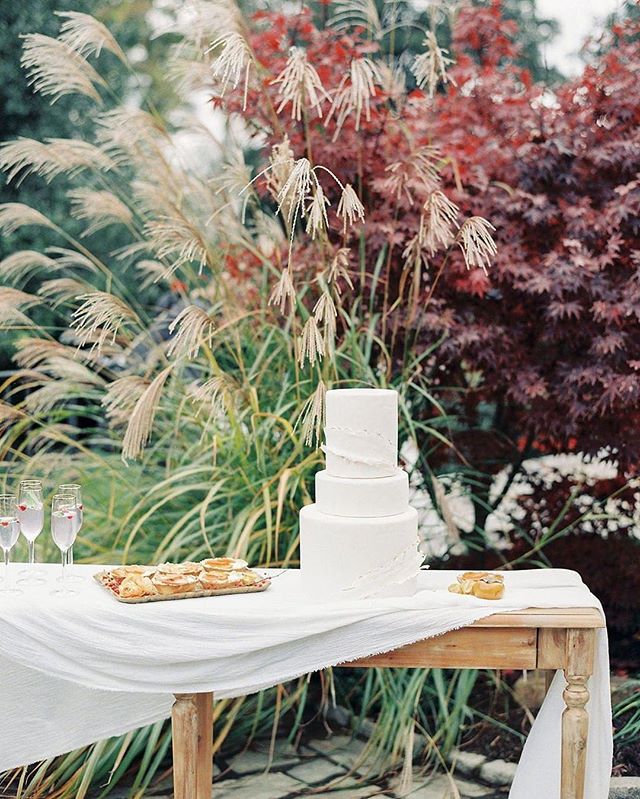 RepostBy @whitegloverentals: &quot;A delicate cake, draped linen, and a beautiful foliage backdrop! The perfect setting for #SundaySweets 🍰⁣
Ft. &bull;Cassandra Console Table and Gold Rim Champagne Flutes&bull;⁣⁣
Vendors|| ⁣
Host: @rachelmayphoto⁣
D