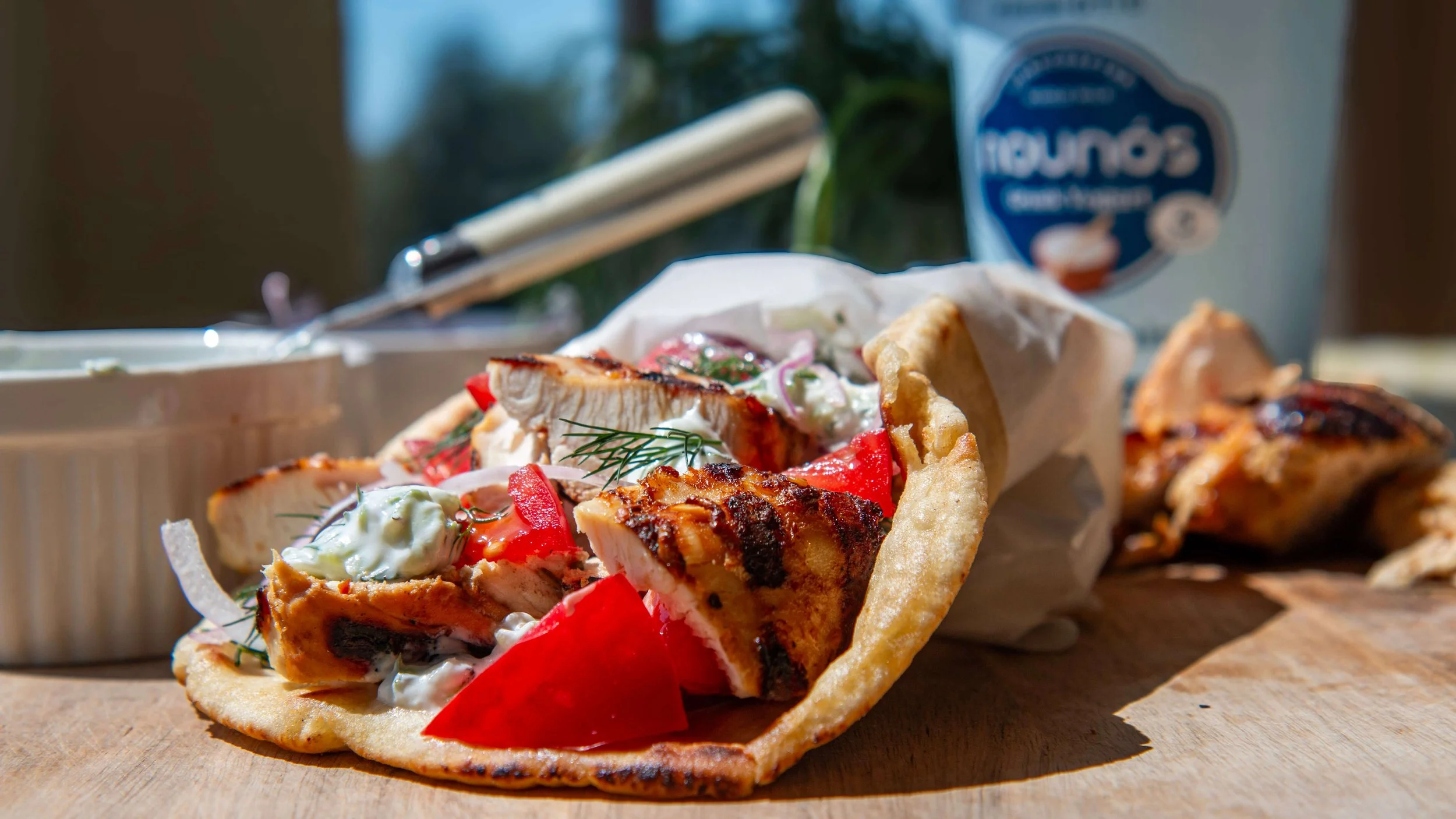 Yogurt Marinated Grilled Chicken Gyro with Watermelon Rind Tzatziki