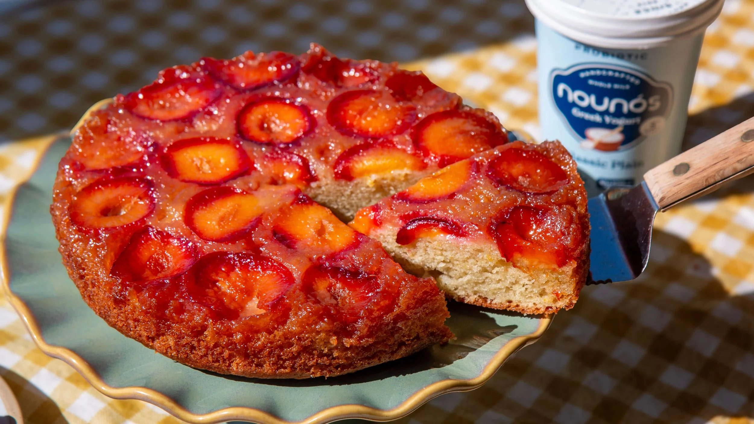 Plum Upside Down Cake with Greek Yogurt and Extra Virgin Olive Oil