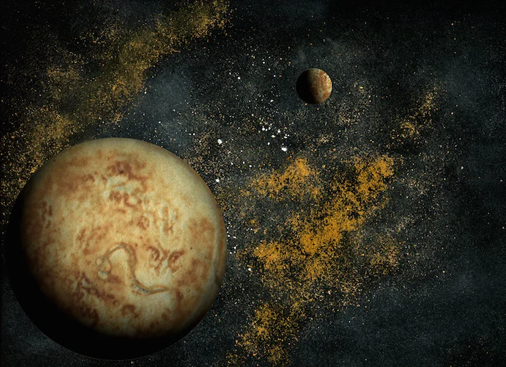 Pianeta e la luna - frittelle; Background - olio d'oliva, la farina, la cannella, cumino, sale stagionato