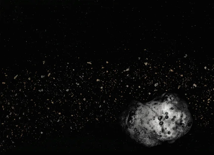 Asteroide - patate; Detriti di campo - caffè, pepe in grani, biscotti Girl Scout sbriciolati