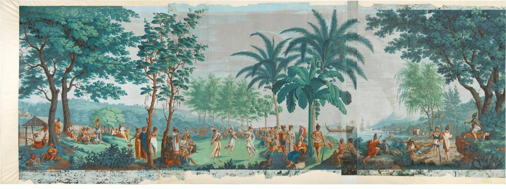 Dufour et Cie, printer &amp; publisher, Jean-Gabriel Charvet, designer The Voyages of Captain Cook (Les Sauvages de la mer Pacifique) 1805, woodblock, printed in colour from multiple blocks hand-painted gouache through stencils, printed image (overa…
