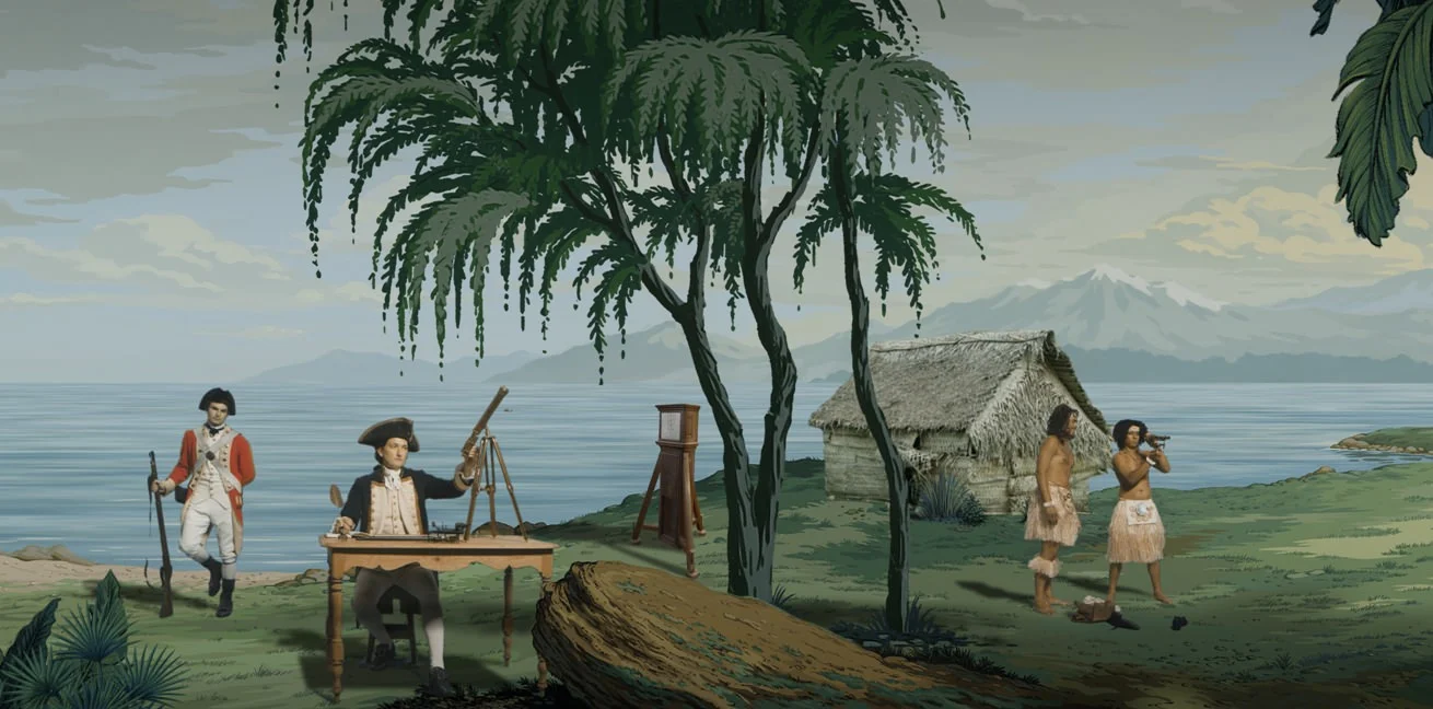 Captain James Cook. Lisa Reihana, detail in Pursuit of Venus [infected], 2015–17, Ultra HD video, colour, sound, 64 min. Image courtesy of the artist and New Zealand at Venice.