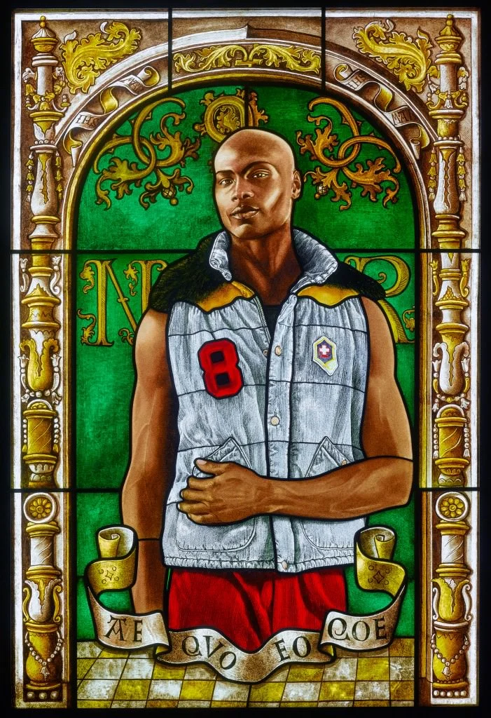 STAINED GLASS;&nbsp;ARMS OF NICOLAAS RUTERIUS, BISHOP OF ARRAS , 2014;&nbsp;STAINED GLASS 54 X 36.5 IN. Courtesy Kehinde Wiley