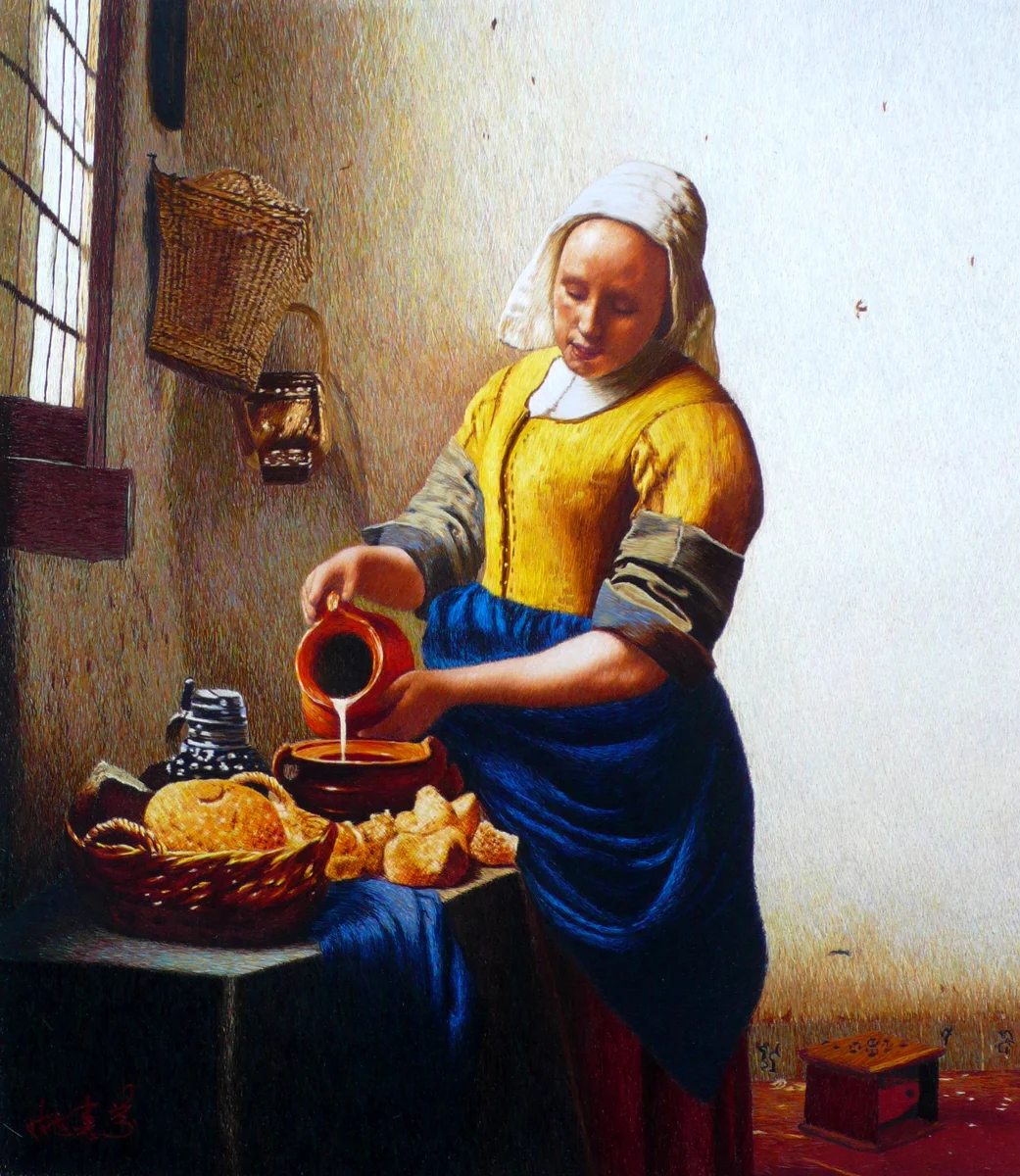 La Lattaia (Vermeer), ricamo a cuciture casuali, 60x80cm, 2006