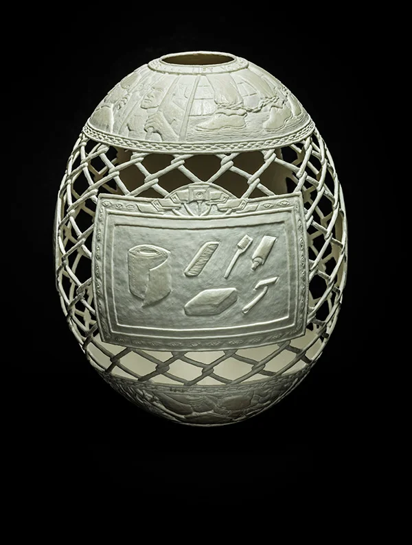 Reception: Fresh Fish, 2015, carved ostrich egg shell, 6.5 x 5 x 5 in. photo via ricco/maresca