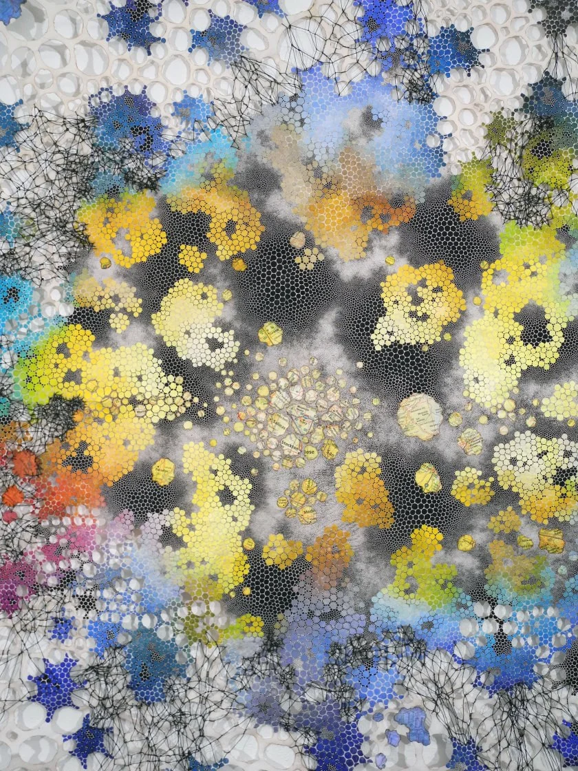 Extravasate Karen Margolis Extravaste, 2018 watercolor, gouache, maps, thread on Abaca paper 58”x 44” (particular) Courtesy of the artist and Garis & Hahn