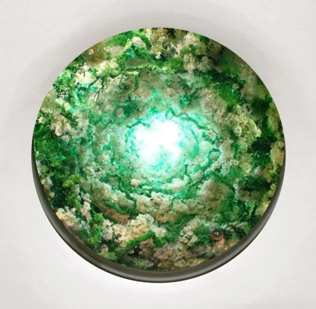 Patrick Jacobs Spiral, 2017 Diorama viewed through 19 cm window .(82 x 83 x 55 cm).Styrene, acrylic, paper, polyurethane foam, ash, talc, starch, acrylite, vinyl film, copper, wood, steel, lighting, BK7 glass.
