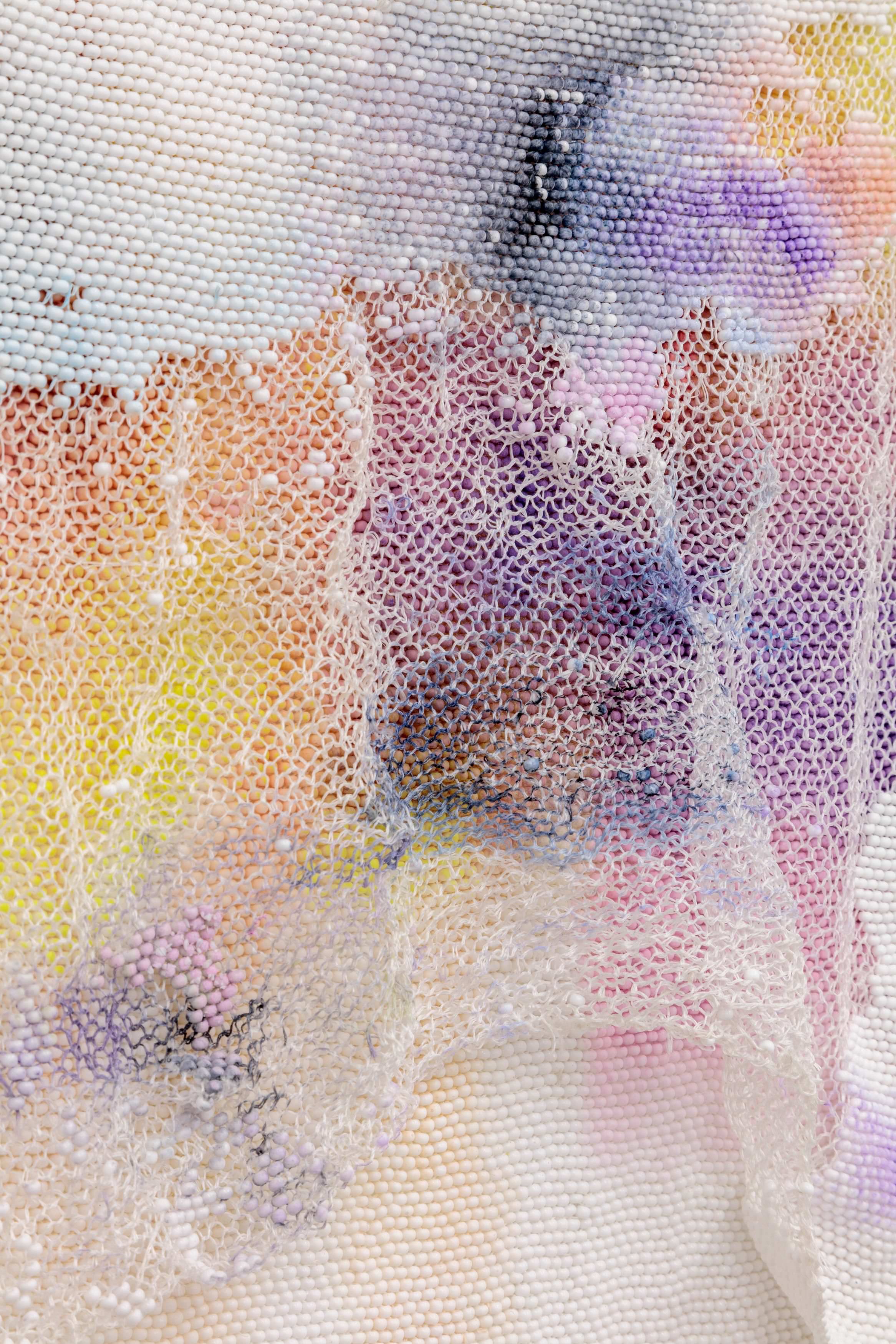 LIZA LOU Pyrocumulus (detail), 2018, oil paint on woven glass beads on canvas,141.6 x 142.9 x 7.6 cm. Courtesy the artist and Lehmann Maupin, New York, Hong Kong, and Seoul.. Photo: Joshua White
