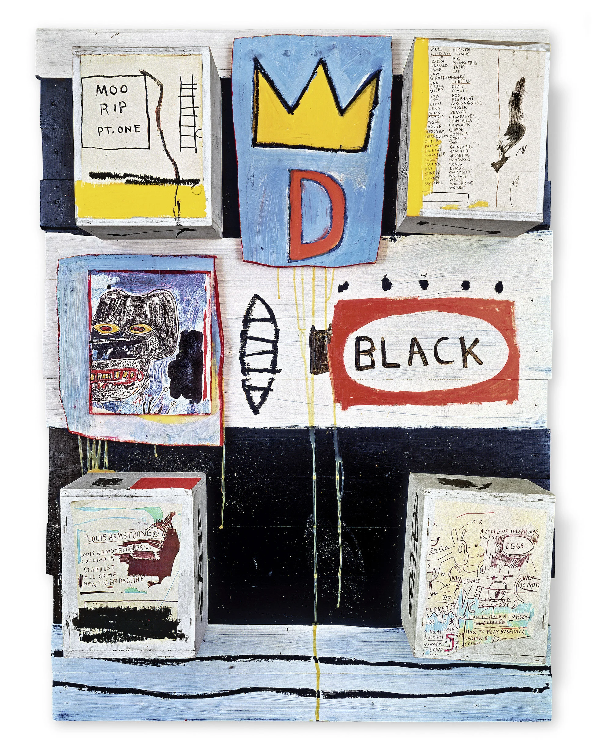Black, 1986 Acrylic, oilstick, photocopy collage, and wood collage on panel, 127 x 92 x 21.5 cm / 50 x 36 1/4 x 8 1/2 inches Photo: Courtesy Galerie Enrico Navarra, Paris Copyright: © The Estate of Jean-Michel Basquiat. Licensed by Artestar, New York