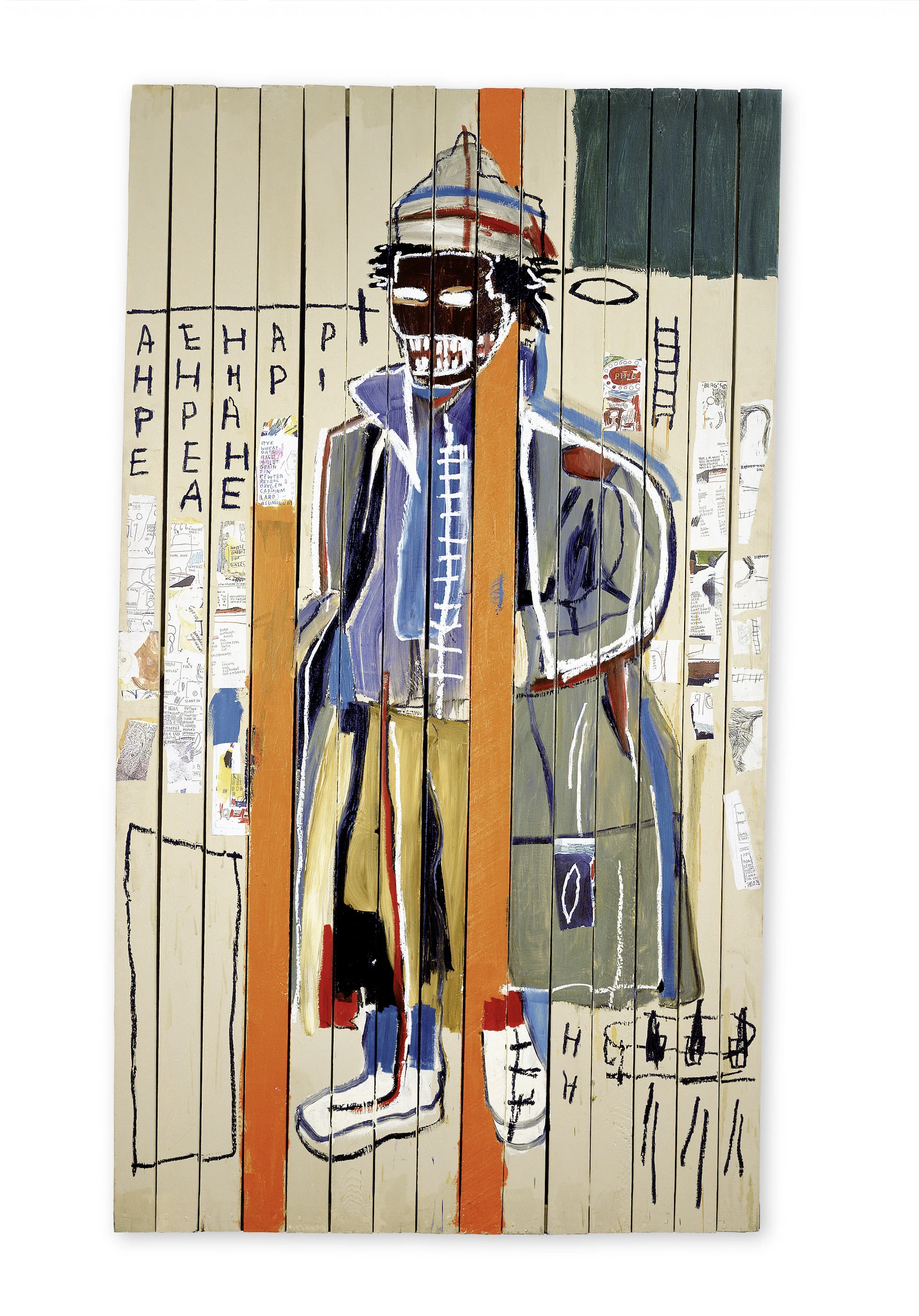 Anthony Clarke, 1985 Acrylic, oil, oilstick, and photocopy collage on wood, 244 x 139 cm / 96 x 54 3/4 inches Photo: Courtesy Lio Malca Copyright: © The Estate of Jean-Michel Basquiat. Licensed by Artestar, New York