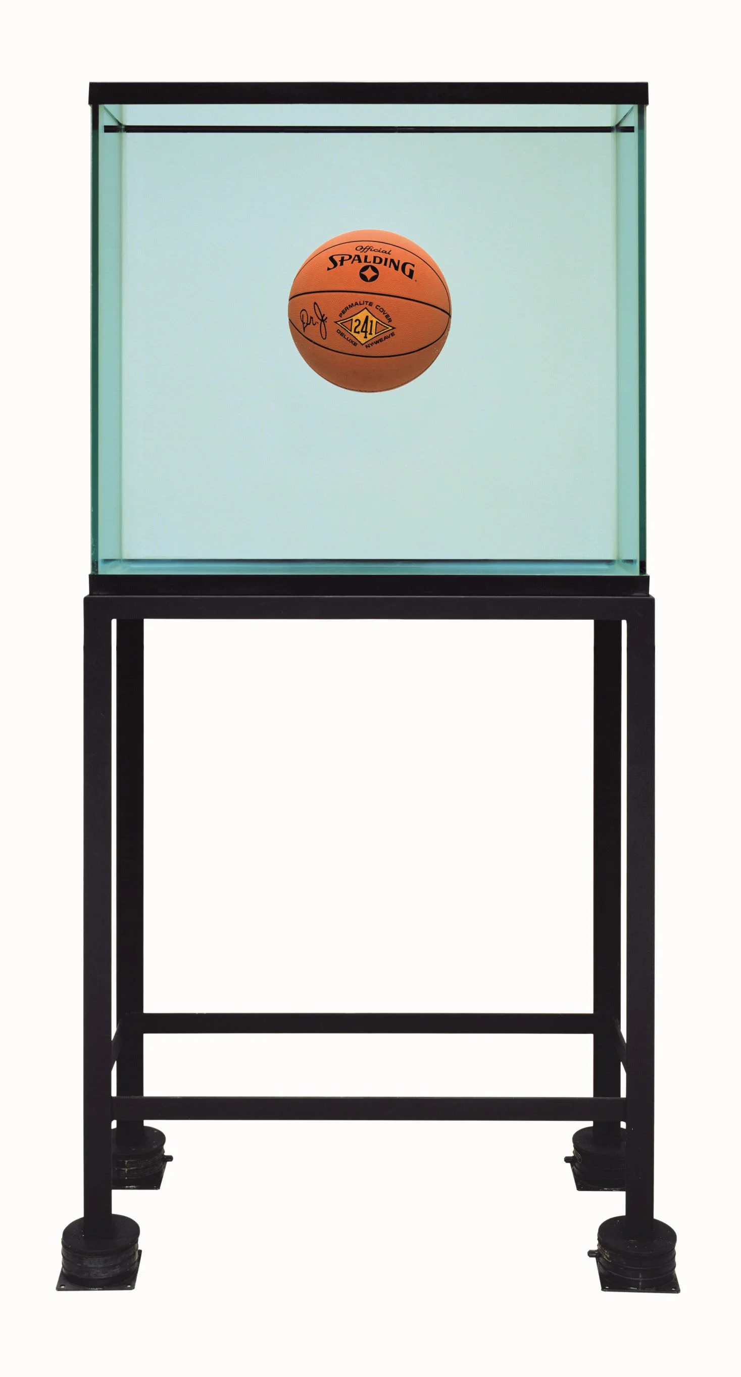 Jeff Koons (b. 1955); One Ball Total Equilibrium Tank (Spalding Dr. J 241 Series); 1985; Glass, steel, sodium chloride reagent, distilled water, one basketball; 164.5 x 78.1 x 33.7 cm; Edition 2 of an edition of 2; Collection of BZ + Michael Schwartz, New York © Jeff Koons
