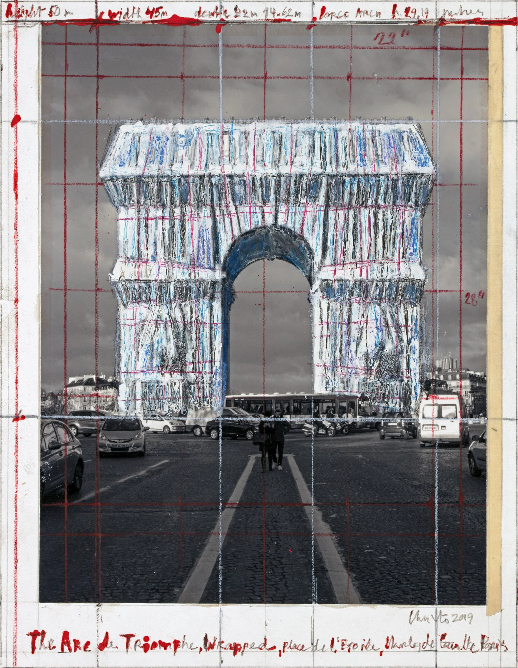 Christo, The Arc de Triomphe, Wrapped, Place de l'Etoile, Charles de Gaulle, Paris, Collage 2019, 11 x 8 1/2” (28 x 21.5 cm), Pencil, wax crayon, enamel paint, photograph by Wolfgang Volz and tape, Photo: André Grossmann © 2019 Christo