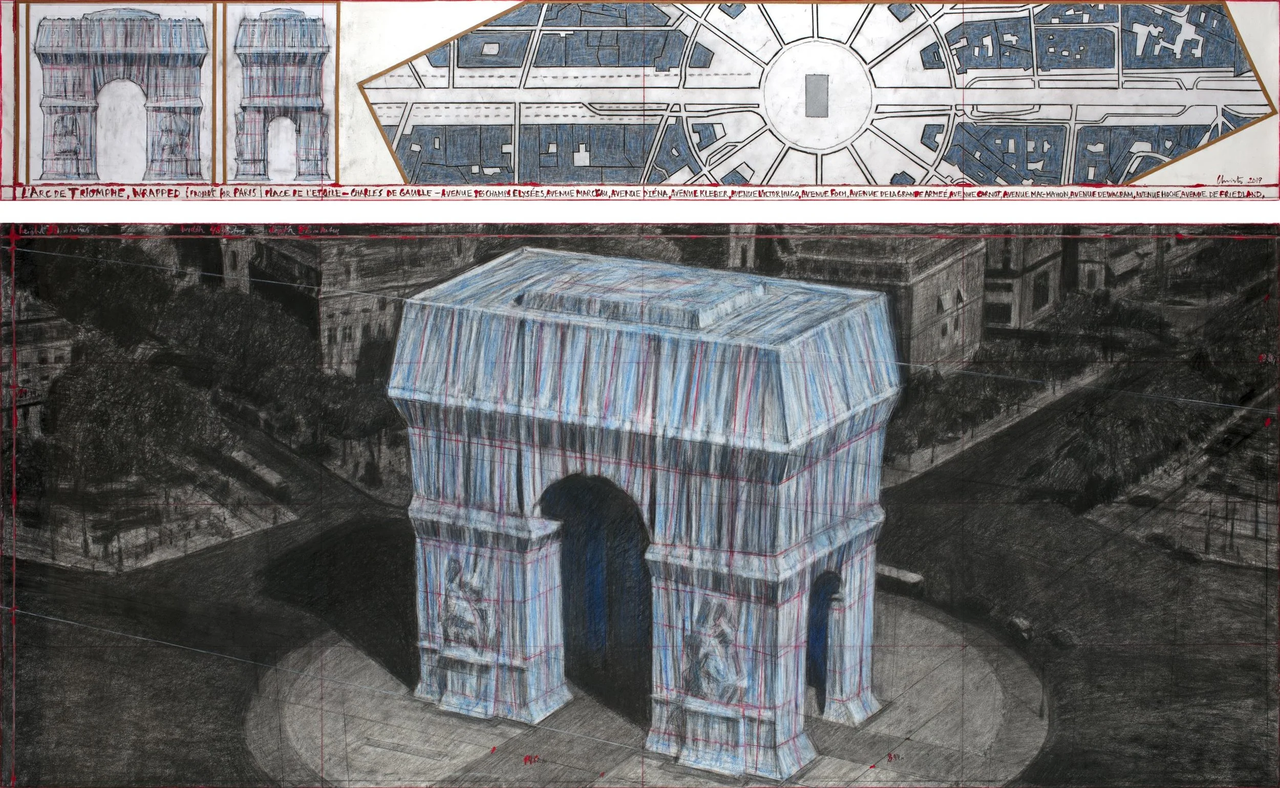Christo, L'Arc de Triomphe, Wrapped (Project for Paris) Place de l'Etoile – Charles de Gaulle, Drawing 2019 in two parts, 15 x 96" and 42 x 96" (38 x 244 cm and 106.6 x 244 cm), Pencil, charcoal, pastel, wax crayon, enamel paint, architectural and topographic survey, hand-drawn map on vellum and tape. Photo: André Grossmann © 2019 Christo