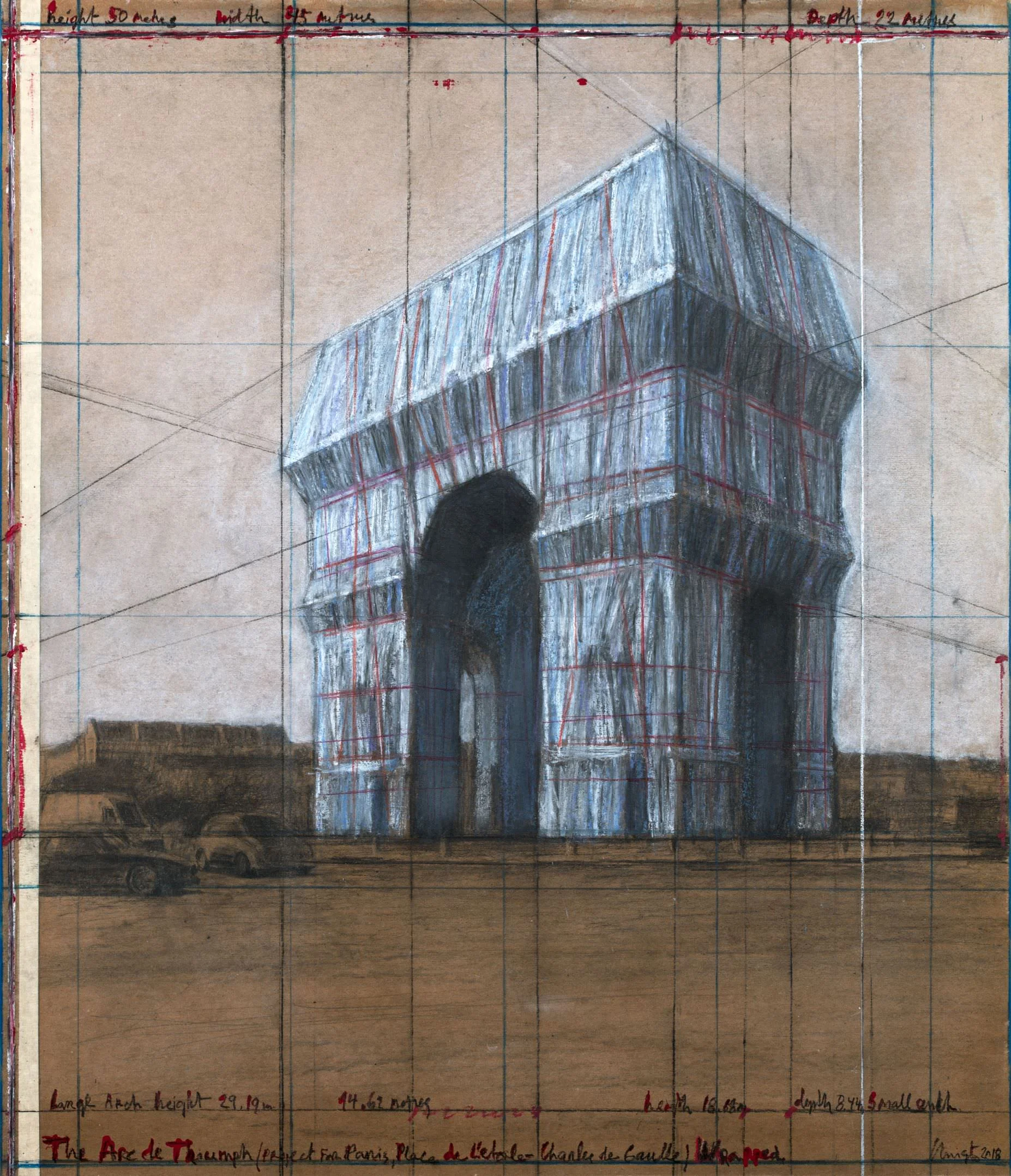 Christo, The Arc de Triumph (Project for Paris, Place de l'Etoile – Charles de Gaulle) Wrapped. Drawing 2018, 30 1/2 x 26 1/4" (77.5 x 66.7 cm). Pencil, charcoal, pastel, wax crayon, enamel paint and tape on brown board. Photo: André Grossmann © 2018 Christo