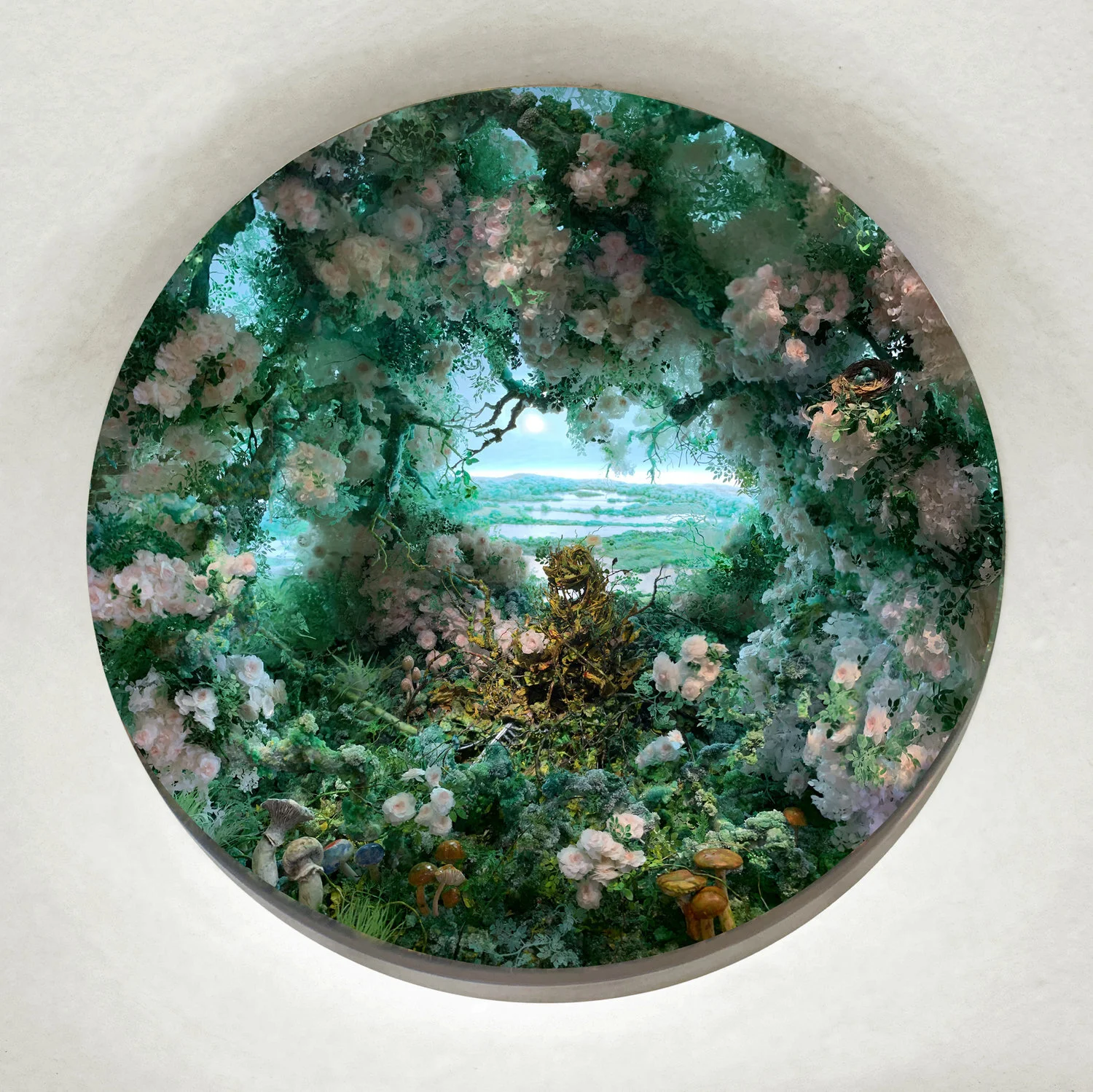 Raked Leaves (Apparition) 2019 Diorama viewed through 7.5 in. (19 cm) window. 19 (H) x 24 (W) x 22.5 (D) in. (48 x 61 x 57 cm). Styrene, acrylic, paper, polyurethane foam, clay, acrylite, vinyl film, wood, steel, lighting, BK7 glass.