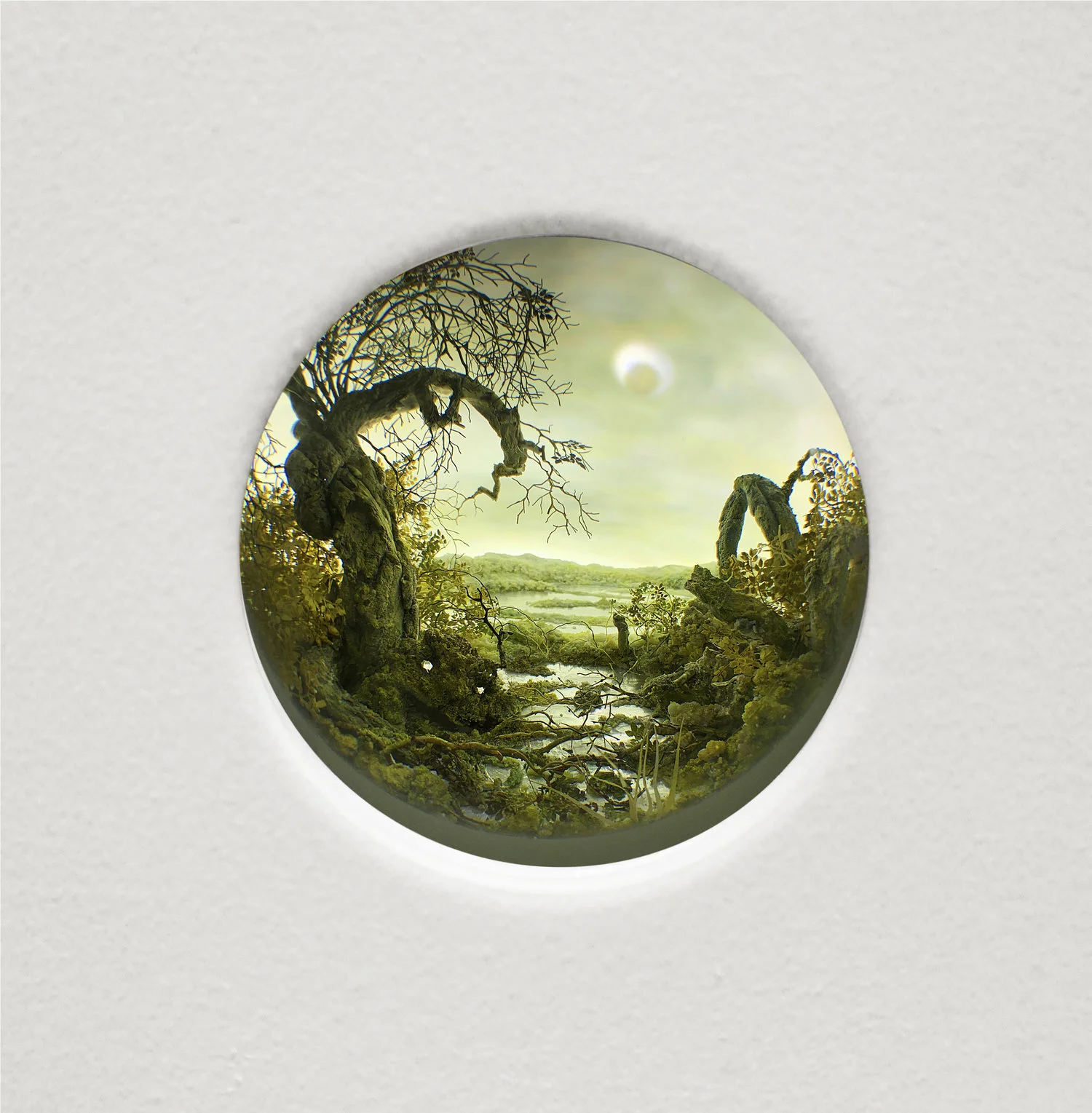 Yellow Eclipse, 2018 Diorama viewed through 2.75 in. (7 cm) window. 11 (H) x 14.5 (W) x 9.25 (D) in. (28 x 37 x 23 cm). Styrene, clay, paper, foam, wood, acrylic, steel, lighting, BK7 glass.