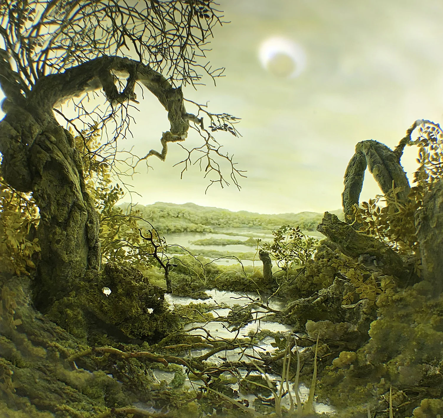 Yellow Eclipse, 2018 (deatail) Diorama viewed through 2.75 in. (7 cm) window. 11 (H) x 14.5 (W) x 9.25 (D) in. (28 x 37 x 23 cm). Styrene, clay, paper, foam, wood, acrylic, steel, lighting, BK7 glass.