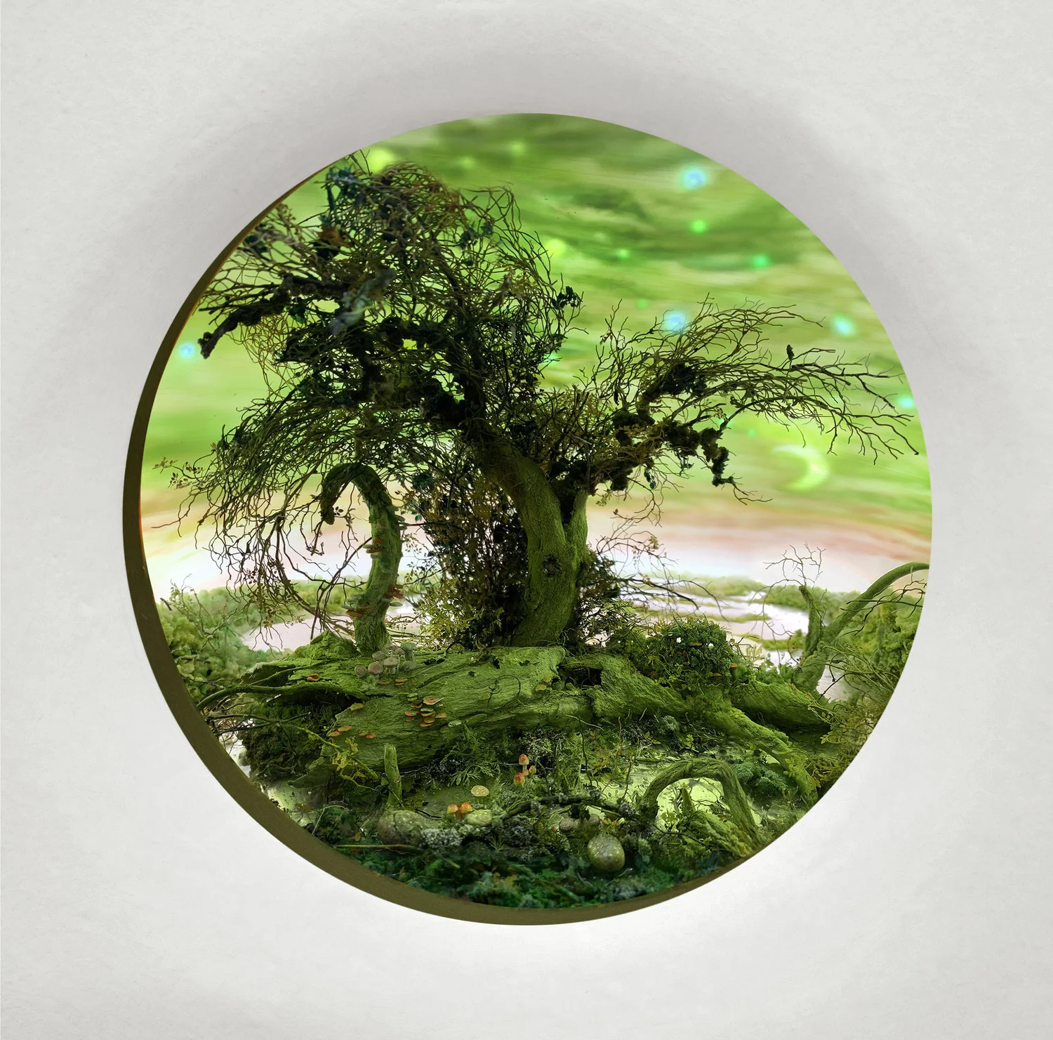 Marsh with Moon and Stars, 2019 Diorama viewed through 4.5 in. (11.4 cm) window. 15.25 (H) x 14.5 (W) x 12 (D) in. (39 x 37 x 30.5 cm). Styrene, clay, paper, foam, wood, acrylic, steel, lighting, BK7 glass.