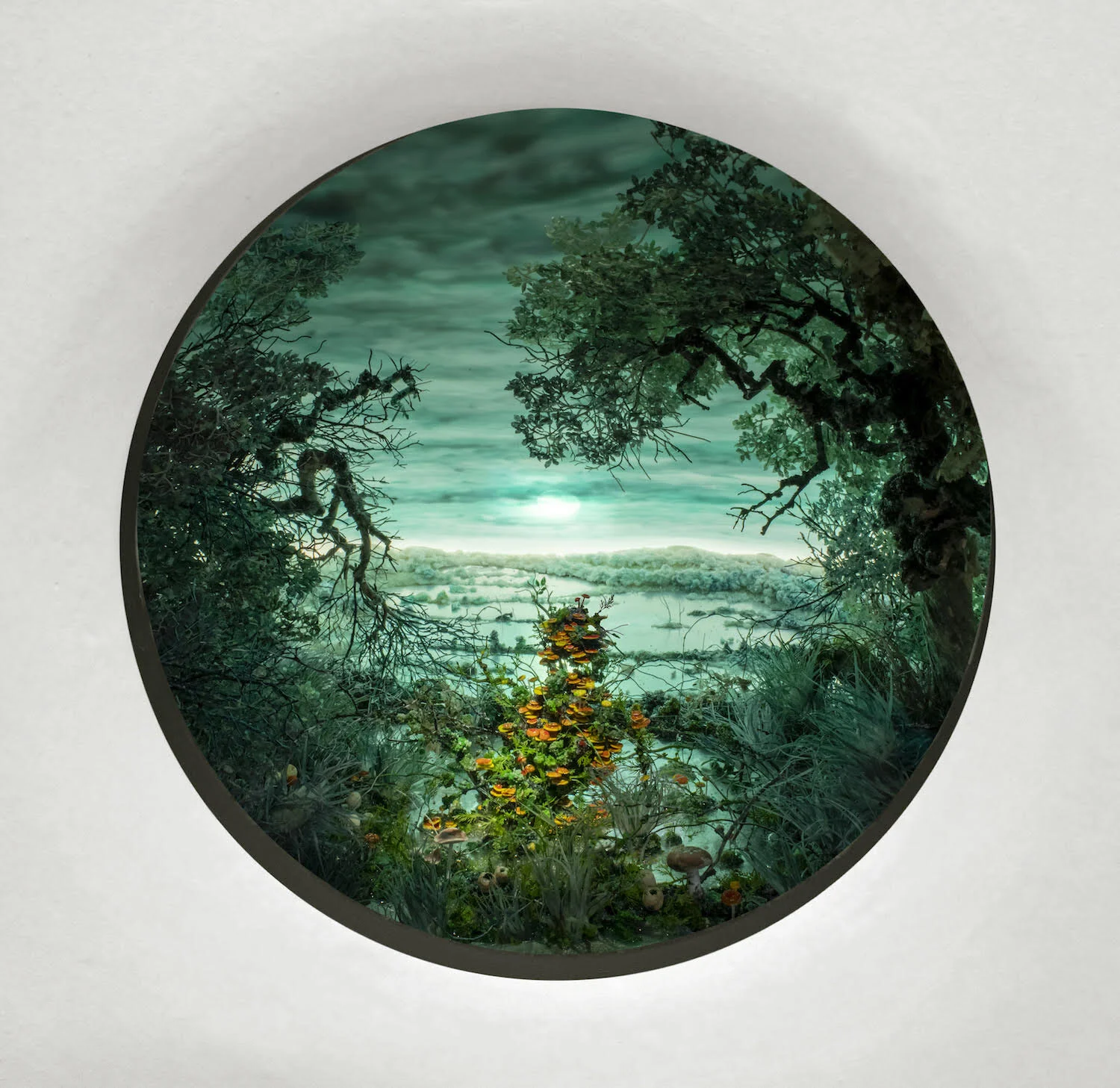 Blue-Green Moonlight, 2019 Diorama viewed through 4.5 in. (11.4 cm) window. 15.25 (H) x 14.5 (W) x 12 (D) in. (39 x 37 x 30 cm). Styrene, clay, paper, foam, wood, acrylic, steel, lighting, BK7 glass.