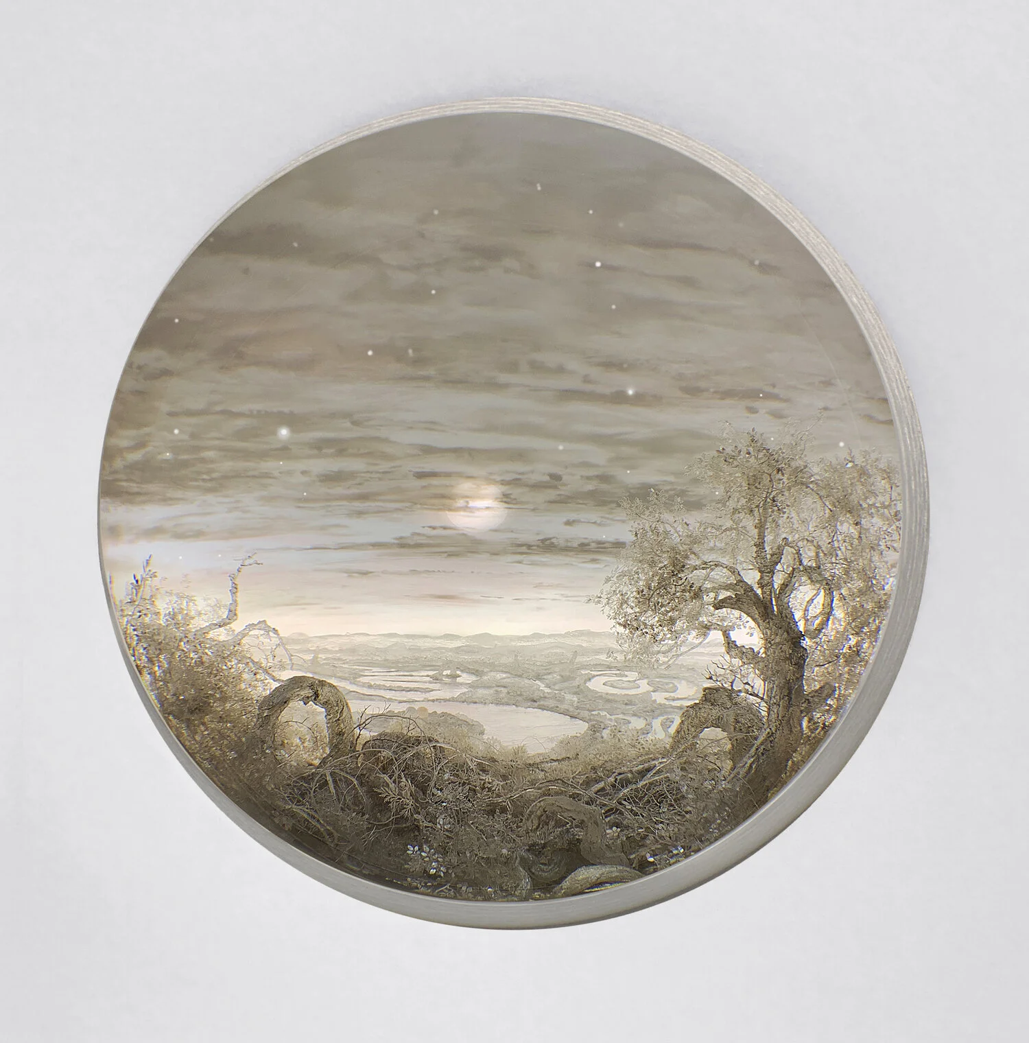 Silver Moonscape, 2018 Diorama viewed through 7.5 in. (19 cm) window. 20 (H) x 28 (W) x 20 (D) in. (51 x 71 x 51 cm). Styrene, clay, paper, foam, wood, acrylic, steel, lighting, BK7 glass