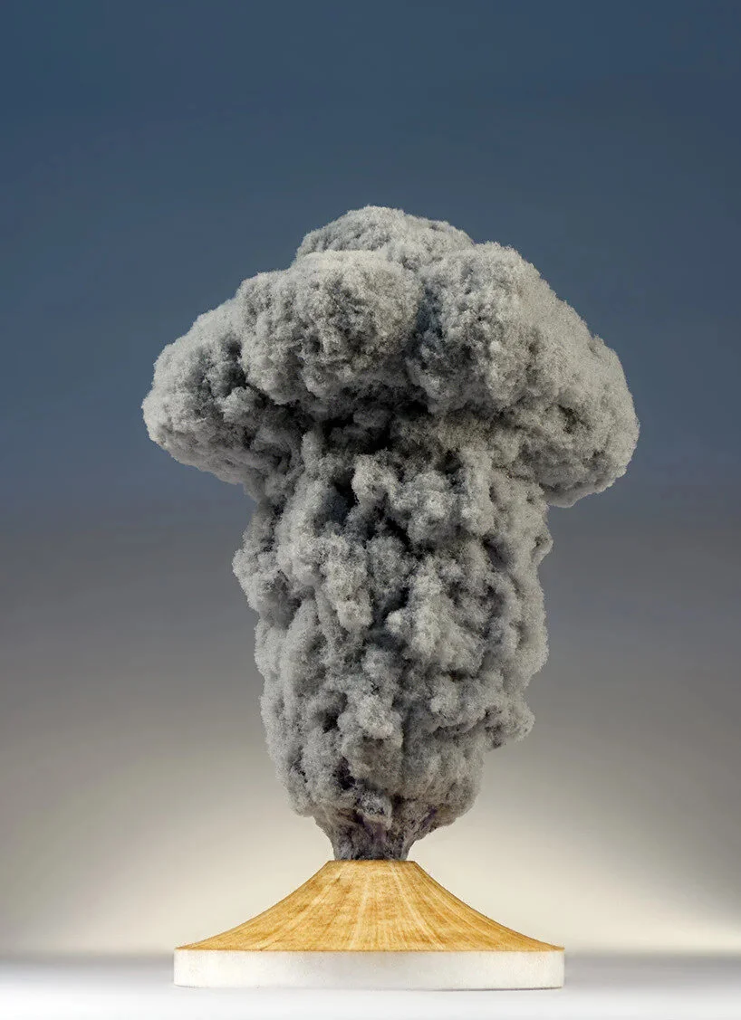 Toilet Paper Diary Volcano #19: And the ashes of their empty world fell upon them like a slow rain of a broken dream. A dream., 2020 polyester pelon depilation strip roll, toilet paper dust, pigments, graphite powder, fixative | 13h x 6 inches (diam…